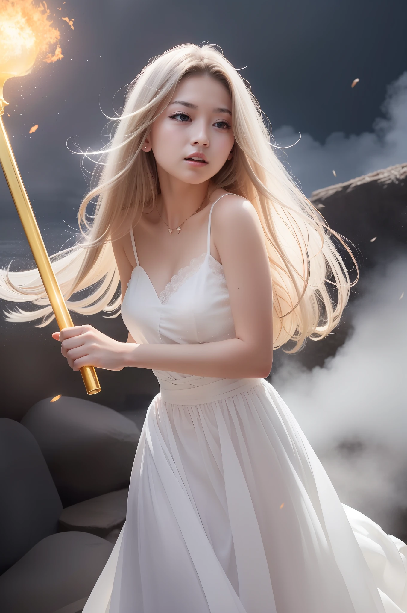 A woman in a long white dress，She has long white hair，Holding magic wands in both hands, they send magic to attack surrounding enemies，The white clothes were all stained with blood。The girl's face was full of determination