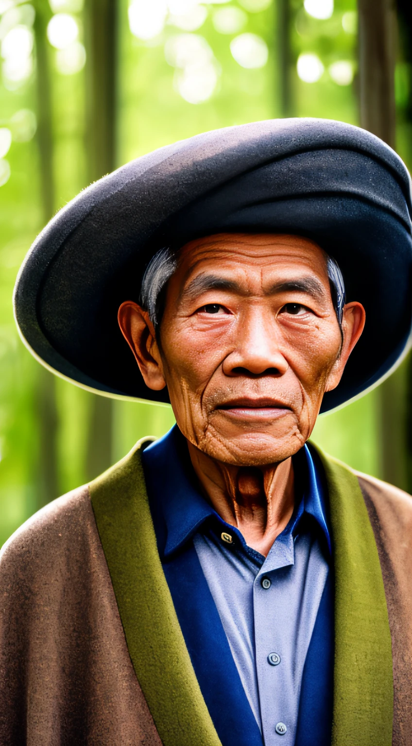 Portrait photography style,A masterpiece of the world,Ultra-unique, highly professional digital art,Film format,Hyper-realistic,Color motion picture film photography with ultra-fine detail and quality,The background is deep in the forest,An elderly man in rural China,Wise old man。He wears an old cape,The eyes are kind and shrewd。He stood upright,His skin had been blackened and powerful by the sun and rain,Wrinkles are fixed on the corners of the mouth and forehead,It seems that his years have precipitated。Wearing a dark gown, although the appearance is simple,But it exudes sublime wisdom and a sense of tenacity of strength。