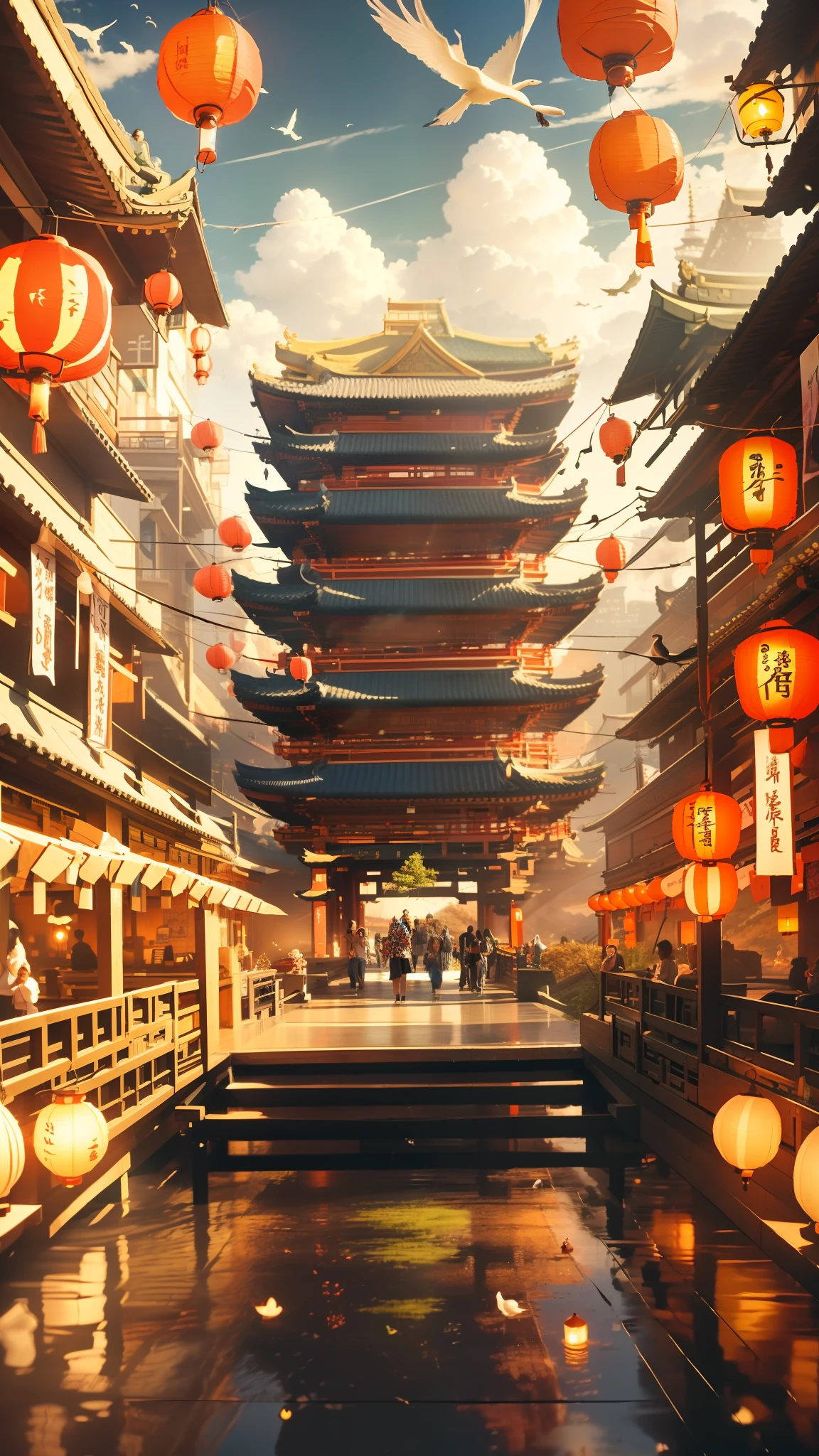 architecture, east asian architecture, scenery, lantern, pagoda, outdoors, sky, paper lantern, cloud, bird, building, tree, standing, mountain, bridge, holding, multiple girls, 6+boys, day, masterpiece, best quality,