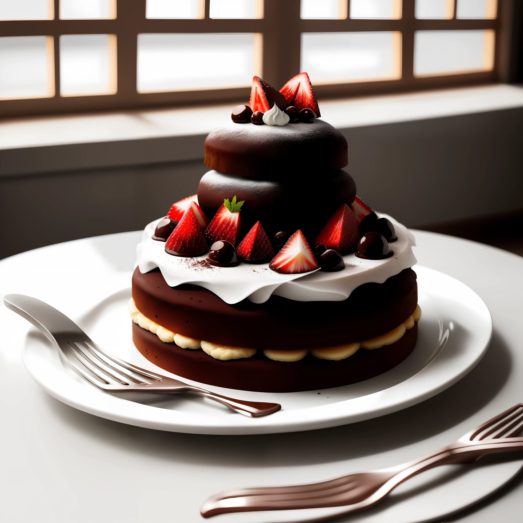 chocolate cake,Place by the white window,Contre-Jour,There are Nordic cutlery touches on the side,Realiy,The background is slightly blurred