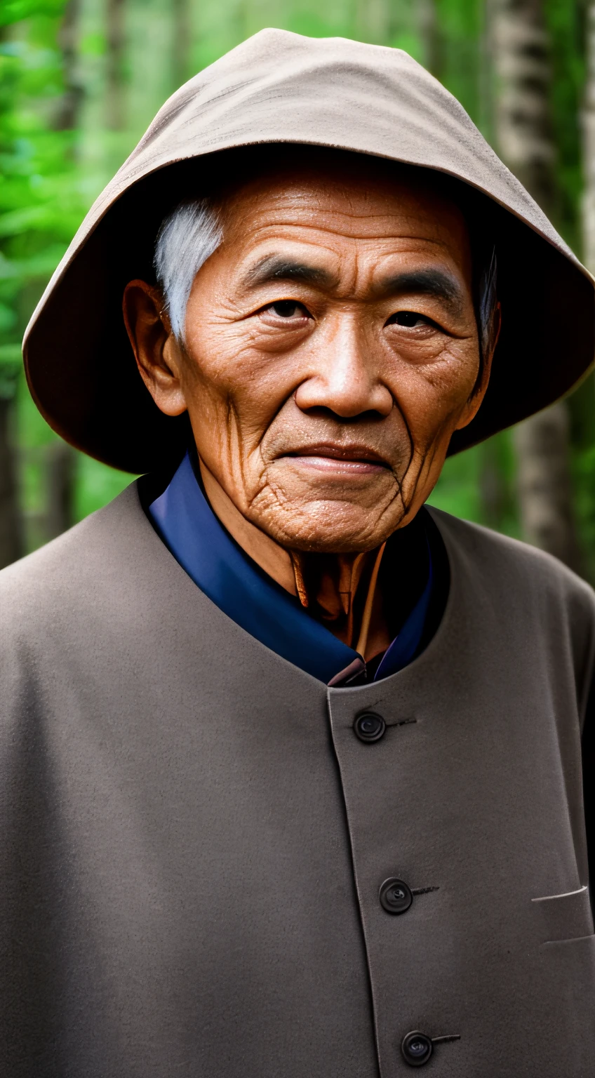 Portrait photography style，A masterpiece of the world，Ultra-unique, highly professional digital art，Film format，Hyper-realistic，Color motion picture film photography with ultra-fine detail and quality，The background is deep in the forest，An elderly man in rural China，Wise old man。He wears an old cape，The eyes are kind and shrewd。He stood upright，His skin had been blackened and powerful by the sun and rain，Wrinkles are fixed on the corners of the mouth and forehead，It seems that his years have precipitated。Wearing a dark gown, although the appearance is simple，But it exudes sublime wisdom and a sense of tenacity of strength。