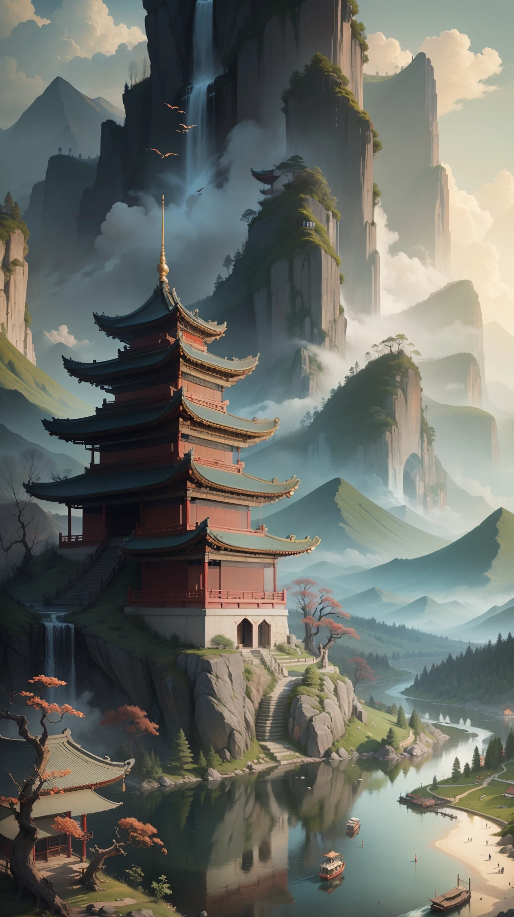 An ancient Chinese painting, ancient Chinese background, mountains, rivers, auspicious clouds, pavilions, sunshine, masterpieces, super detail, epic composition, ultra HD, high quality, extremely detailed, official art, unified 8k wallpaper, Super detail, 32k -- v 6