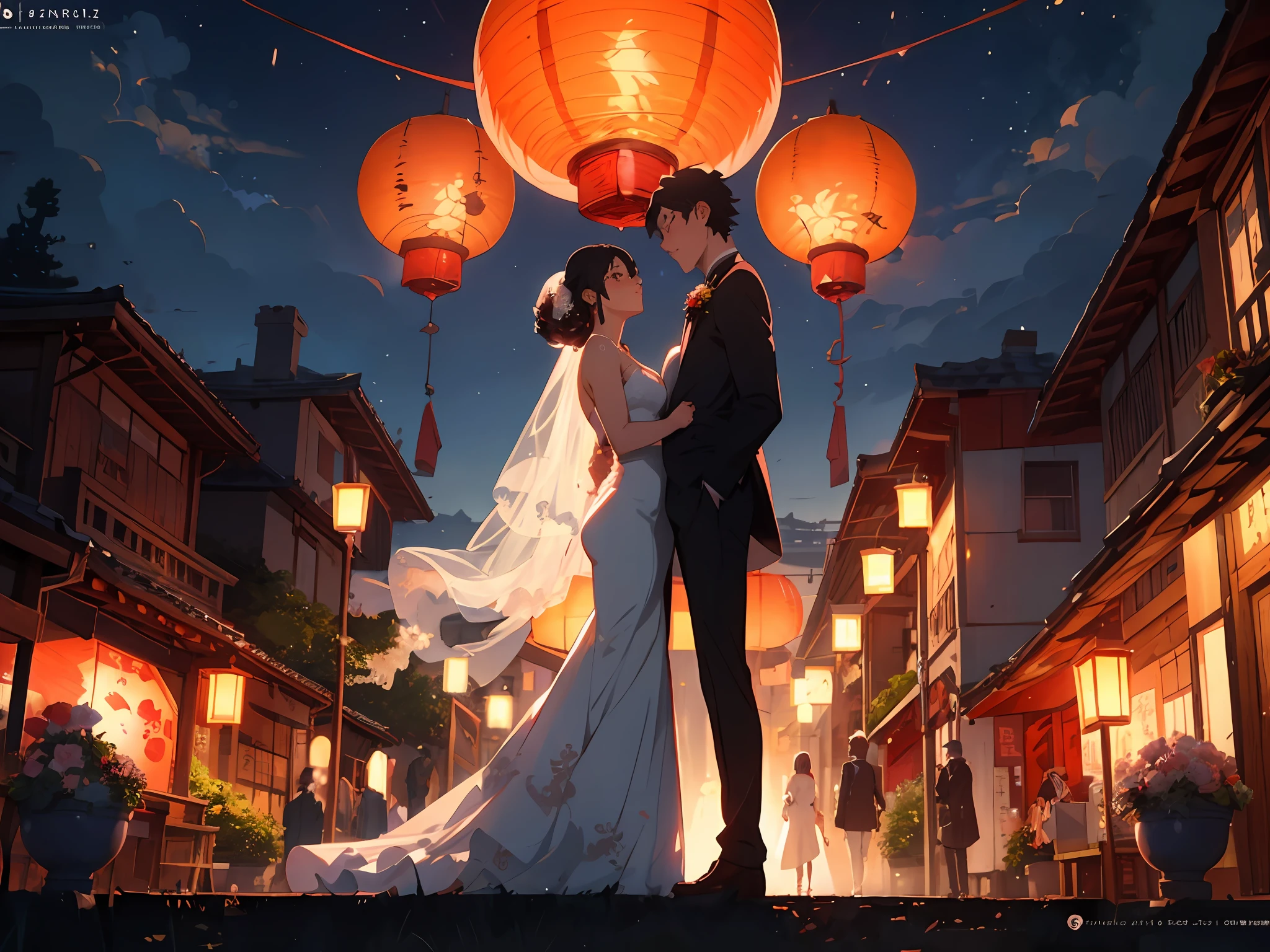 The bride and groom stand under the lanterns of the city at night, Guviz-style artwork, rob rey and kentarõ miura style, Guviz, guweiz masterpiece, Guweiz in Pixiv ArtStation, Guweiz on ArtStation Pixiv, stunning art style, style of anime4 K, In the style of Ross Tran