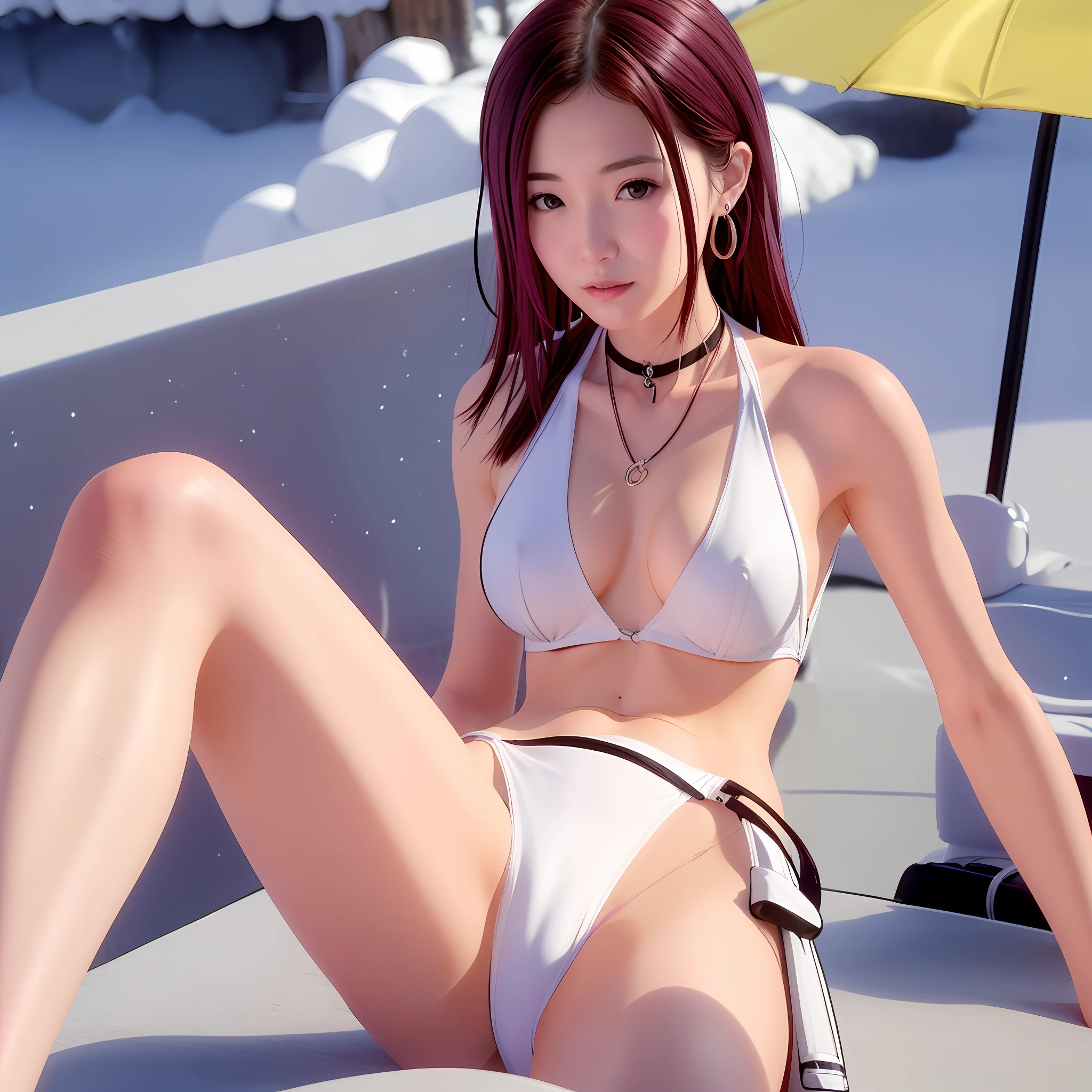 Araki woman in white bikini sitting on a windowsill by the sea, young pretty gravure idol, Young gravure idol, Young skinny gravure idol, Young sensual gravure idol, Japanese model, Realistic young gravure idol, White bikini, Wearing a white bikini, Beautiful Asian girl, hot with shining sun, Gorgeous young Korean woman, Korean girl