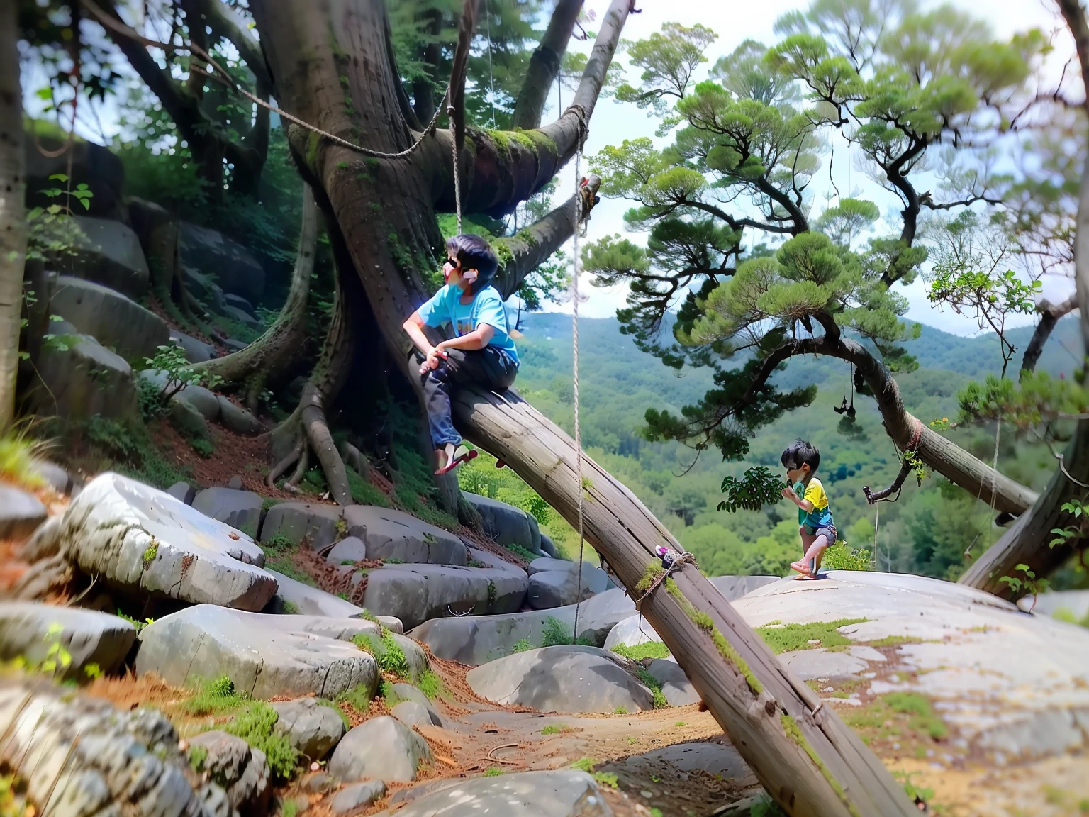 There was a little boy sitting on a log on a rock, Sitting on a tree, sitting cutely on a mountain, Climbing a tree, with a tall tree, swinging on a vine over a chasm, Sit on a tree, on trees, Sitting on a log, leaping from babaob tree, on deep forest peak