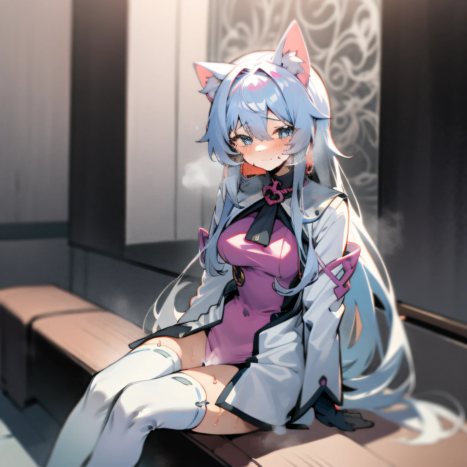 Anime girl sitting on bench with cat ears on her head, seductive anime girl, white-haired god, anime goddess, cute anime gaifu in beautiful clothes, white-haired girl, perfect white-haired girl, detailed white long hair, long-haired anime girl, beautiful anime girl, long-haired anime girl, anime Barbie doll with white stockings, shabby clothes, a lot of broken skin, sweating all over, sweating, urinary incontinence,