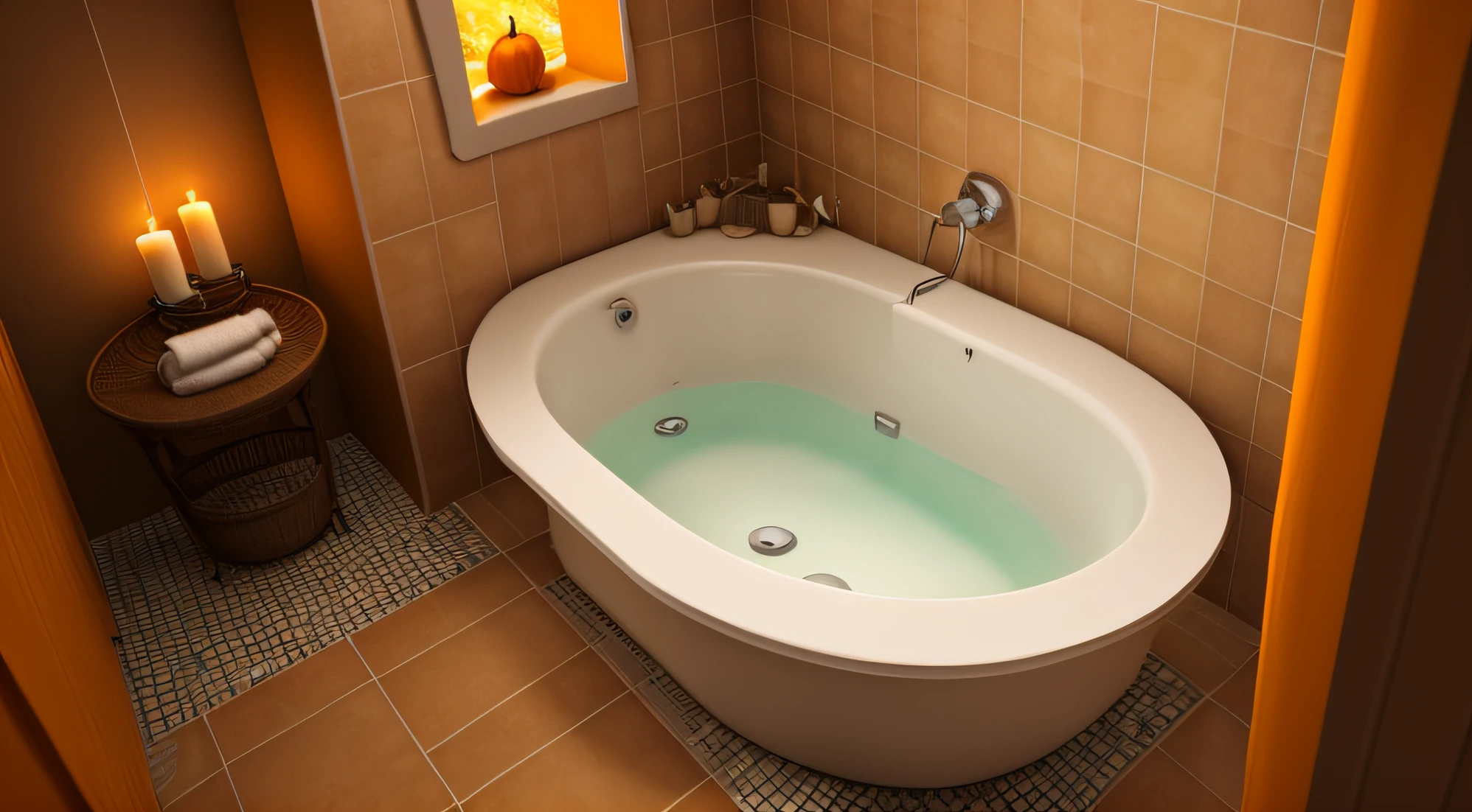 Bathroom with bathtub，Bathroom scene，halloween atmosphere，pumpkins，arachne，tile floor，Nordic style，Vivid details ，Top-down view，More ground --auto