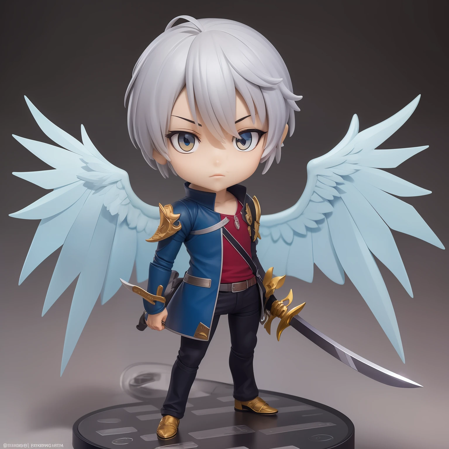 ((Figures，The picture is centered on the character，simplebackground)) ,Cool boy，drak，Silver hair，Ice blue wings，Shield in left hand，The right hand holds a sword