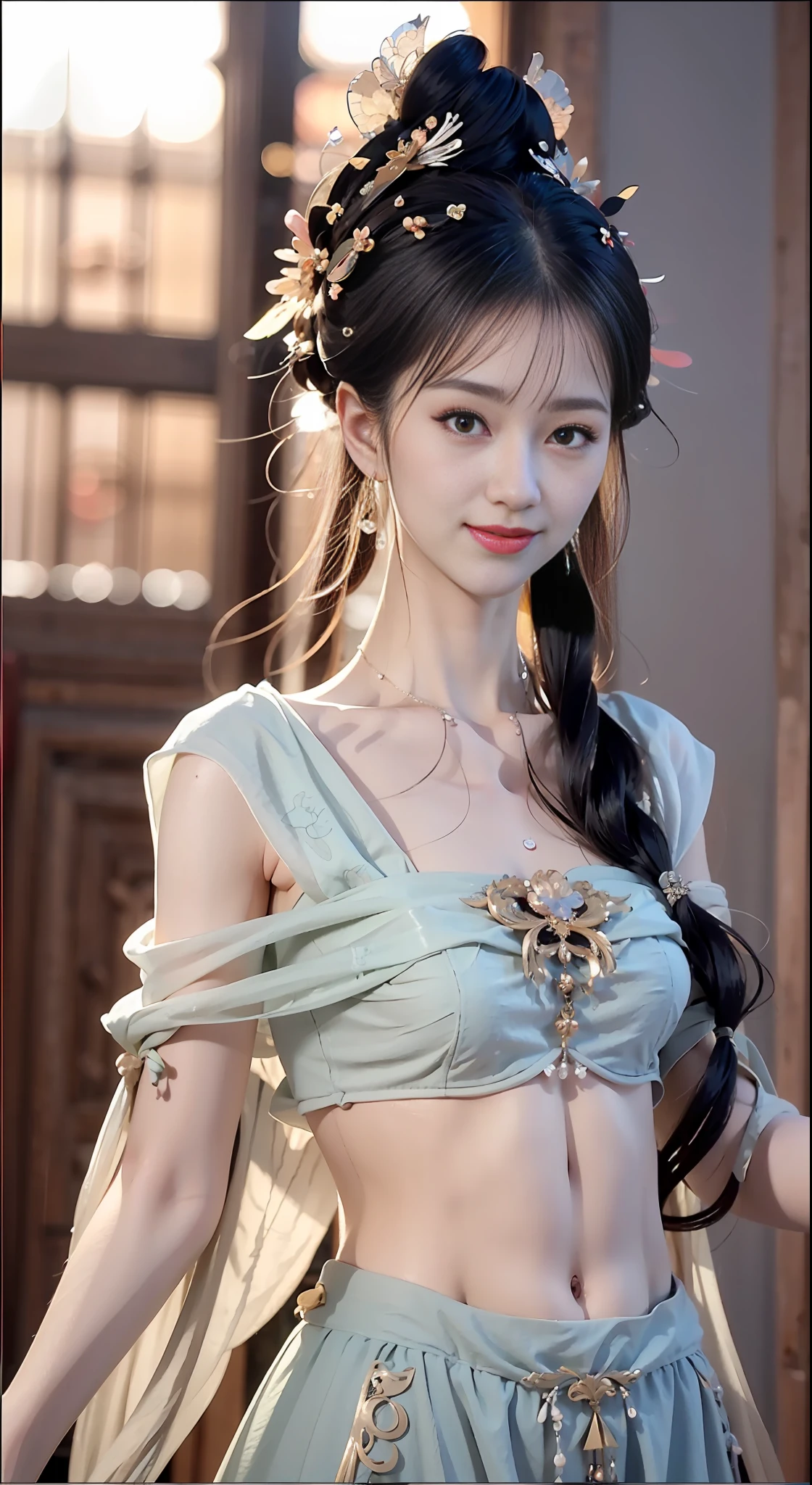 Bust photo, a beautiful woman, messy hair, girly, symmetrical bun, hair accessories, jewelry, delicate face, navel, belly, Dunhuang style, a lot of streamers, delicate skin, soft light effects, delicate and smooth hair, delicate details, eye highlights, fair skin, fine portrayal, extreme details, cinematic quality, thin, slender, broken, hair details, thin bangs, shawl hair, right body, shadow, air bangs, 8K, super fine, fine fabric texture, soft, supple, Smooth texture, Dunhuang style, delicate pattern, correct hand painting, smile, tsurime, Surrealism, ray tracing, UHD, high details, super detail, highres, 8k, high quality, high details, textured skin, ccurate