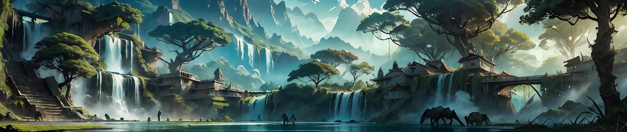 Magnificent landscape of rainforest, majestic waterfalls falling in dense vegetation, sunlight penetrating leaves, colorful birds flying in the sky, conveying a feeling of tranquility and renewal, photography, wide-angle lens, high resolution, (material), (4K), Best quality: 1.2, ((Amazing view: 1.2)), vast sky, beautiful skyline, mysterious forest, winding country roads, magnificent mountains, cliffs, dramatic graphics, moving visuals, colorful natural light, night falls. Short-sleeved top, shorts, man with sports backpack on back, fantasy art,