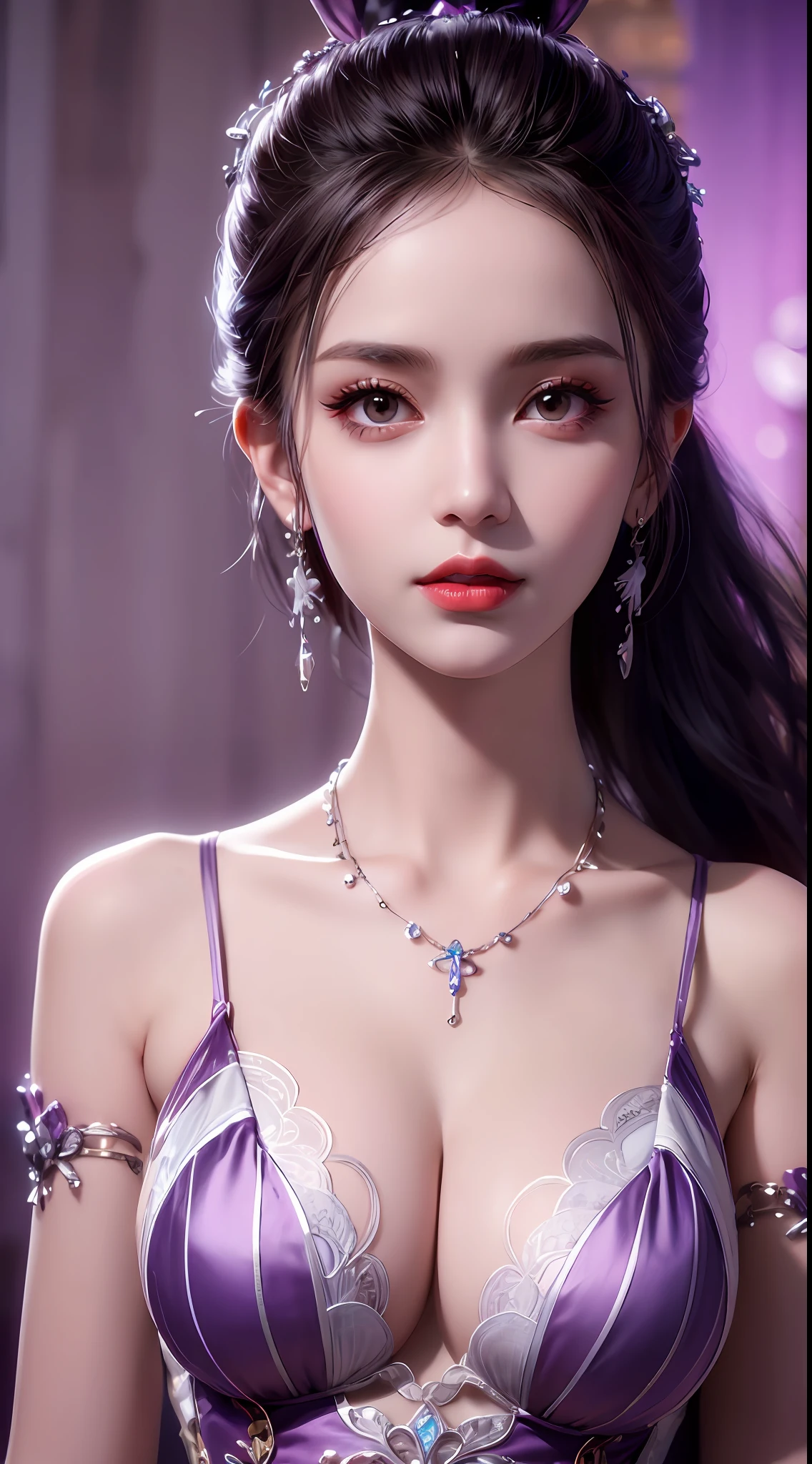 1 beautiful girl in Han costume, thin purple silk shirt with white color with many textures, white lace top, long platinum purple ponytail, hair jewelry, ear jewelry, light purple rabbit ears, necklace and necklace, meticulously drawn large purple eyes, meticulous makeup, thin eyebrows, high nose, lovely red lips, not smiling, pursed lips, rosy cheeks, wide breasts, big breasts , well-proportioned bust, slim waist, purple mesh socks, chinese hanfu style, fictitious art textures, vivid and realistic colors, RAW photos, realistic photos, ultra high quality 8k surreal photos, (effective fantasy light effect: 1.8), 10x pixel, magic effect (background): 1.8), super detailed eyes, girl body portrait, solo girl, ancient hanfu background,