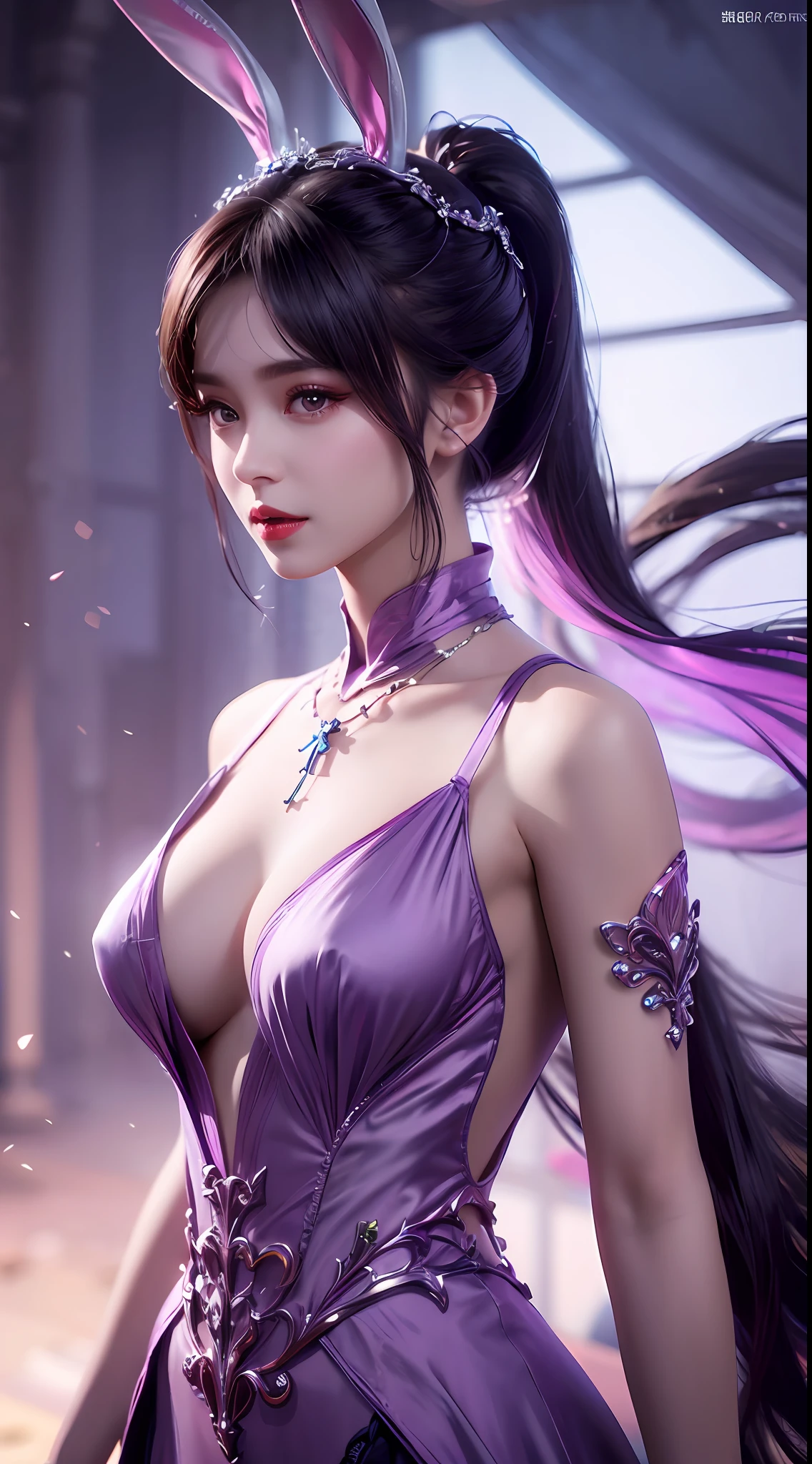 1 beautiful girl in Han costume, thin purple silk shirt with white color with many textures, white lace top, long platinum purple ponytail, hair jewelry, ear jewelry, light purple rabbit ears, necklace and necklace, meticulously drawn large purple eyes, meticulous makeup, thin eyebrows, high nose, lovely red lips, not smiling, pursed lips, rosy cheeks, wide breasts, big breasts , well-proportioned bust, slim waist, purple mesh socks, chinese hanfu style, fictitious art textures, vivid and realistic colors, RAW photos, realistic photos, ultra high quality 8k surreal photos, (effective fantasy light effect: 1.8), 10x pixel, magic effect (background): 1.8), super detailed eyes, girl body portrait, solo girl, ancient hanfu background,