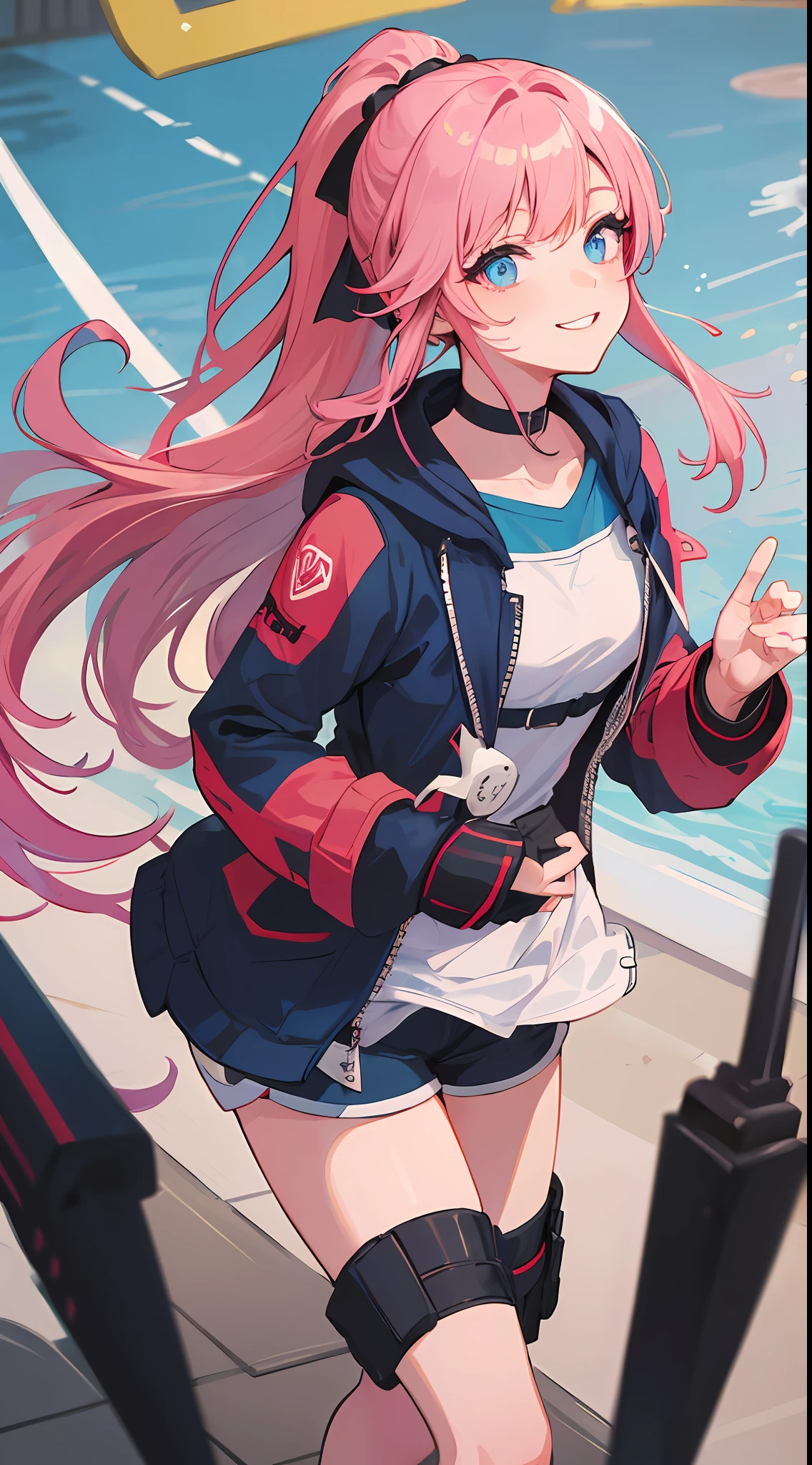 1girll，A pink-haired，Single high ponytail，long whitr hair，Lots of hair，blue colored eyes，is wearing a shorts，Stockings，Sporty coat，morden style，The hem of the clothes is flowing，Arena style，she smiles a little，dashing，Eyes resolute