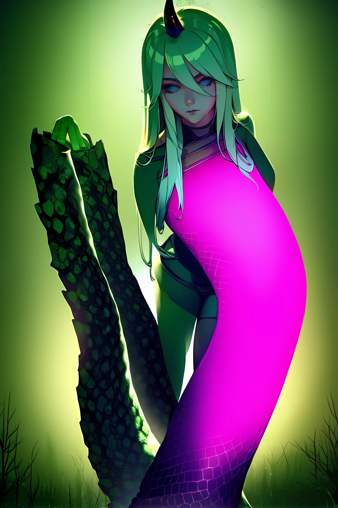 Detailed snakeskin, (adolescent girl), solo focus, (lamia), stoicism, monster girl, black horn, wide buttocks, beautiful eyes, beautiful background, abandoned cabin, forest, light particles, sun rays, dramatic lights, outside, grass, leaves, shiny (pink, blue, green gradient:1.5), realistic, masterpiece, best quality, super detailed, detailed, landscape, beautiful detailed eyes, detailed hair, gloves