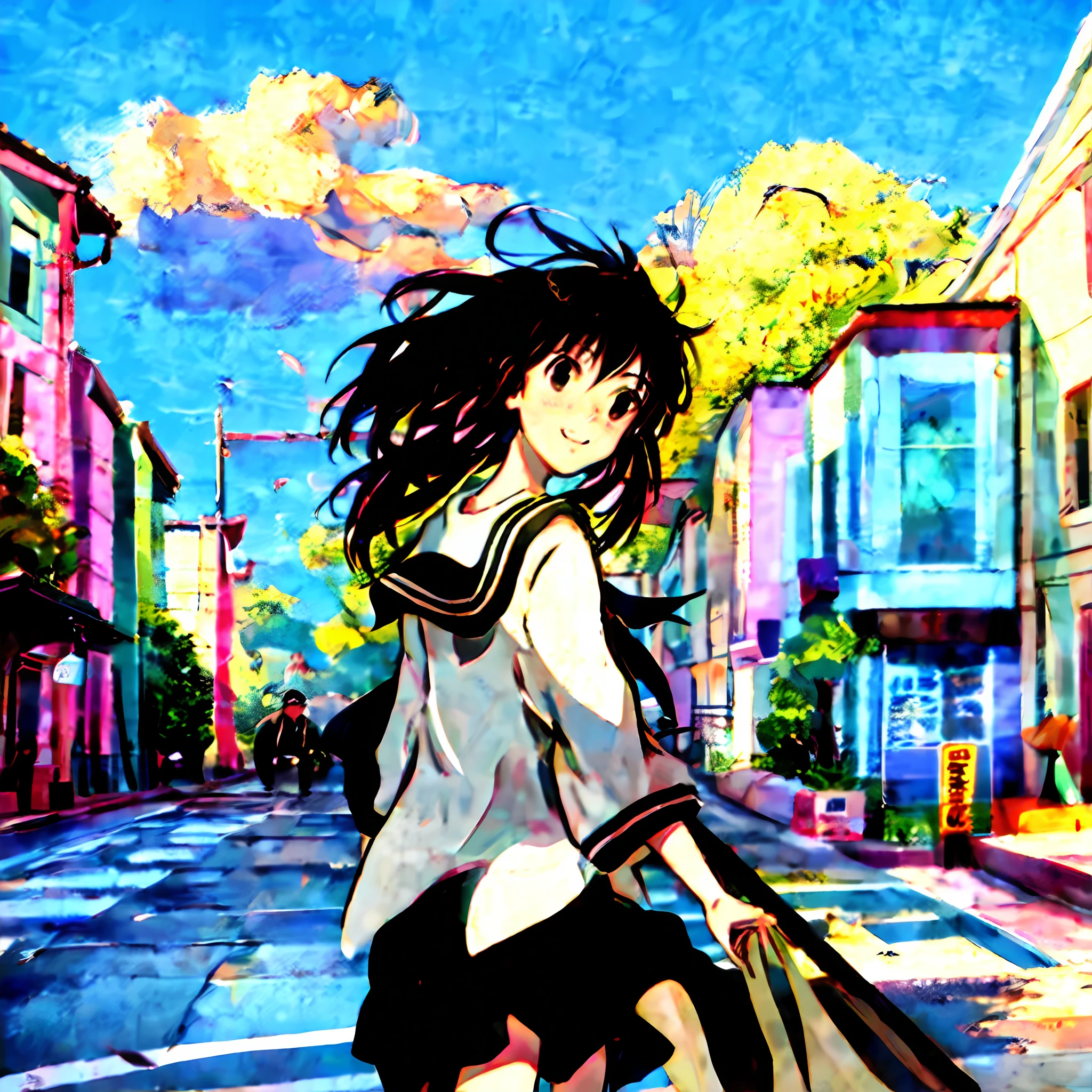 ultra HD picture quality,Long black hair flutters in the wind,Black eyes,Black and white sailor suit,The image of a cute and cheerful Japanese high school girl,It has the style of Makoto Shinkai,Kyoto anime manga style,Blend in with the small town feel in the pictures,Idyllic。Aesthetics heal the sunny atmosphere。