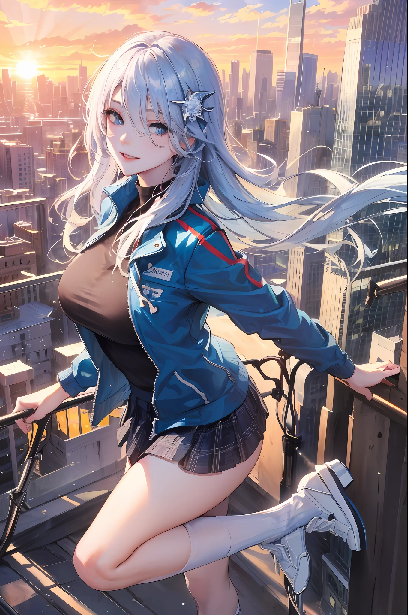 official art, masterpiece, sharp focus, (beautiful gorgeous cute woman:1.3), beauty, Delicate and beautiful hair and eyes and face, realistic, ultra detailed, beautiful girl, blue sky, glow white particle, (sidelighting:1.2), sun light, white cloud, detailed clouds, slender, Lovely breasts, large hips, smile with teeth, ((smile with eyes, open both eyes)), scenery, long straight hair, sexy facial expression, building, (cityscape:1.7), dynamic hair, long straight hair, detailed platinum blue hair, glow blue eyes, (jaket + skirt), white long socks, pale skin, hair ornament, epic scenery,