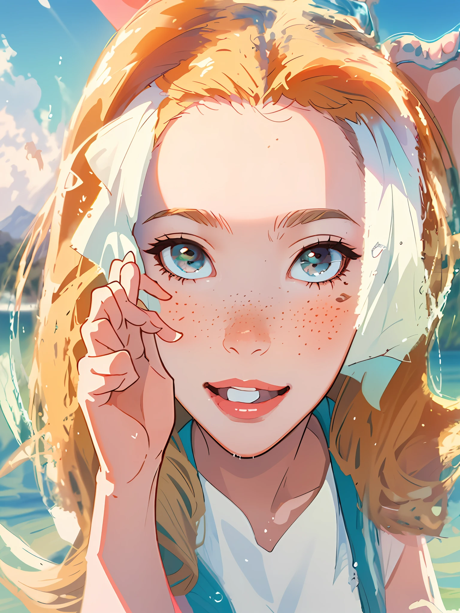 (best quality, masterpiece), 1girl, paw pose, smile, laughing, ocean, crop top, shorts, blonde, freckles, blush, looking at viewer, wavy hair, cloud, splashing, waves, sun, mountain, wet