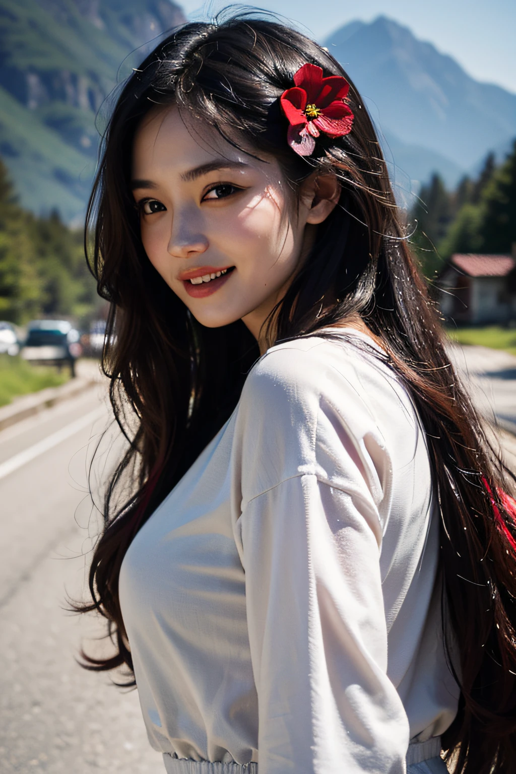 (in 8K、 Raw photography、top-quality,、hight resolution),、(hyper realisitic)、(realisitic),、Soft light、、girl with、Lifelike face、Realistic body、real looking skin、absurderes、masterpiece、Cuties、独奏、Innocent eyes、blusher、Cinema Lights、cherry colored lips、The hair 、a closeup、looking at viewert、 Open lips,、Upper teeth,、(Smiling eyes:0.6)、eyes focus、professionally lit、CG Social Trends、Plastic En、((Black Long Hair))、((Beautuful Women))、(A smile)、Fashionable、(A sexy)、Hair that flutters in the wind、((Flowing hair))、Happy -、fashion magazine、((lighting like a movie))、(the woods)、((mountain hut))、the morning sun、((Red Flower Hair Ornament))