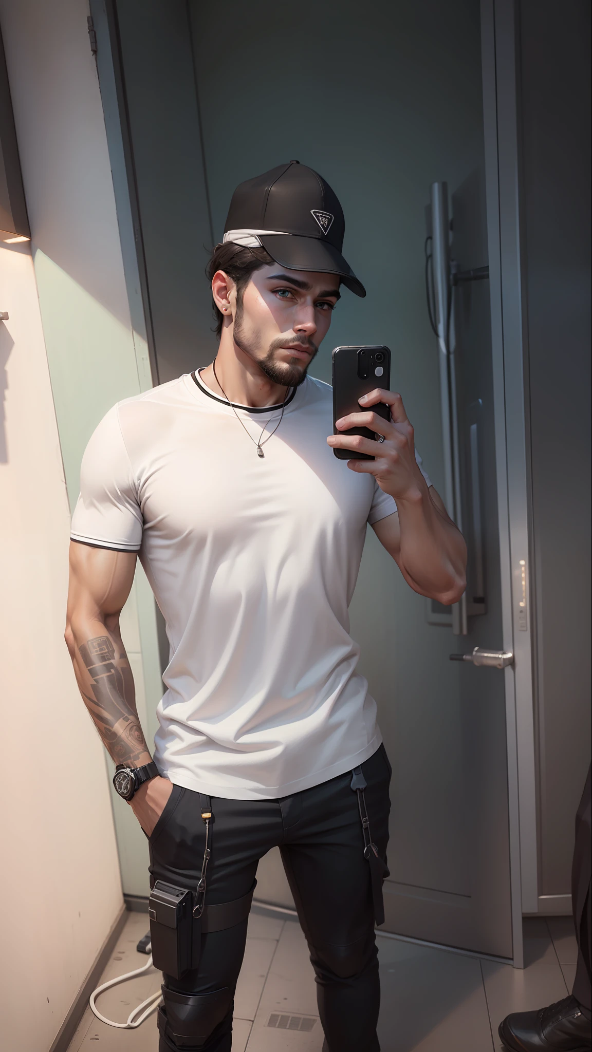 cyberpunk handsome boy, realistic face, 8k, ultra realistic, Black cap, white t-shirt