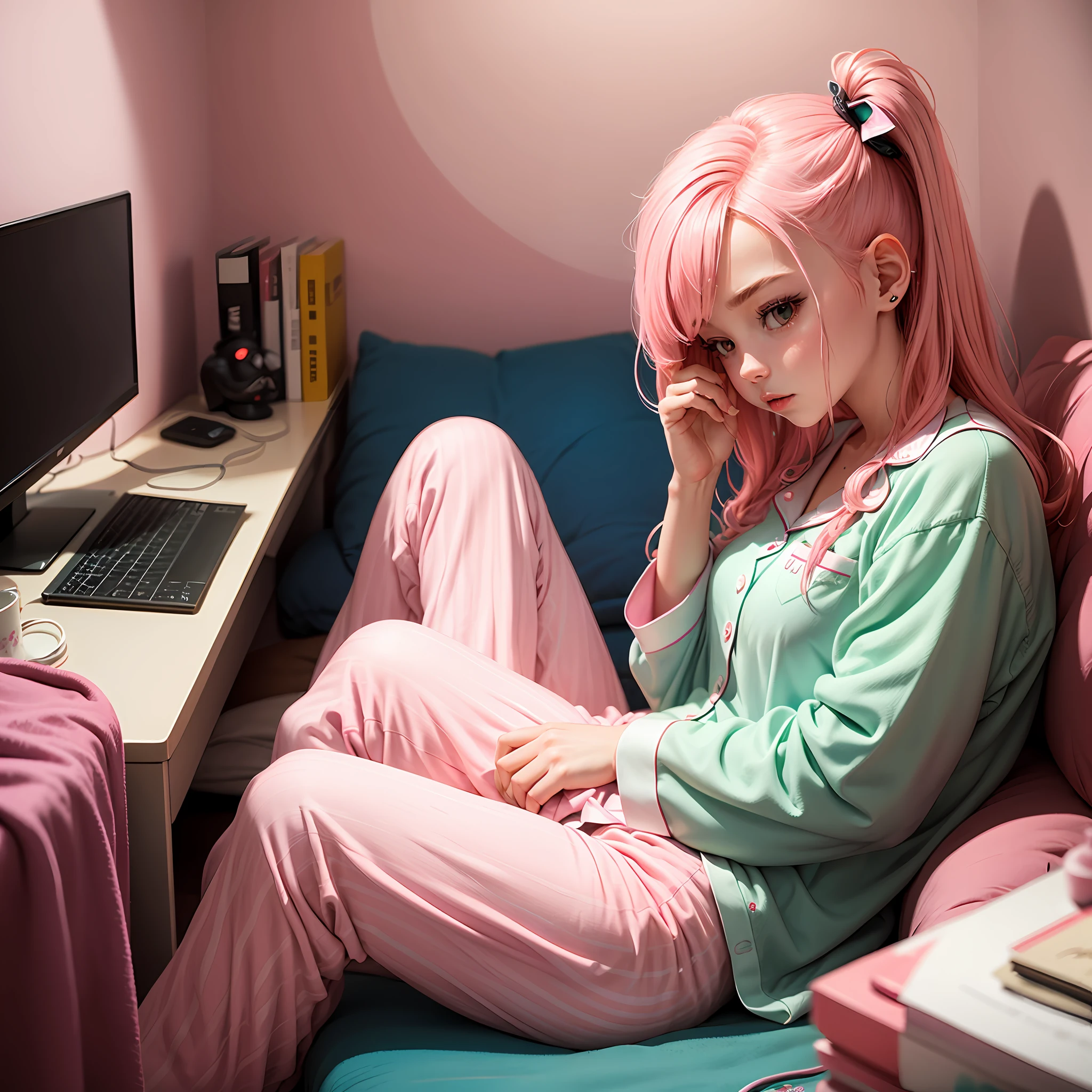 Pink room，Pink wall，Internet addicted girl，Pink pajamas，Beth，Pink hair， --auto