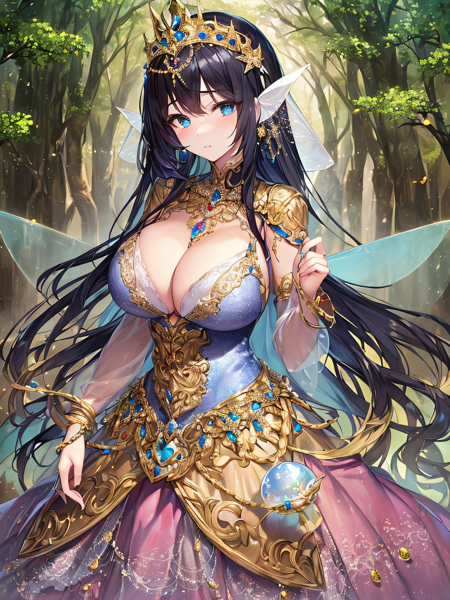 ((anime artstyle)),(Masterpiece),(Best Quality), (Super Detail),((Very Delicate and Beautiful)),Focus on character,Dynamic Angle,Looking at viewer,((Solo)),standing,((full body)),((one fairy tale princess in gorgeous ball gown with voluminous skirt)),detailed face and eyes,(fairy wings),jewel-like eyes,((Very Long voluminous Hair)),gorgeous embroidery and lace,See-through,ornate ruffles,(Gorgeous jewelry ornaments),luxury hair ornament,luxury tiara with jewels,(gigantic breasts,Long breasts),(outdoor,fairy tale forest),fairy tale atmosphere,full body,hoop skirt,crinoline,(((jeweled gorgeous ball gown with voluminous skirt))),