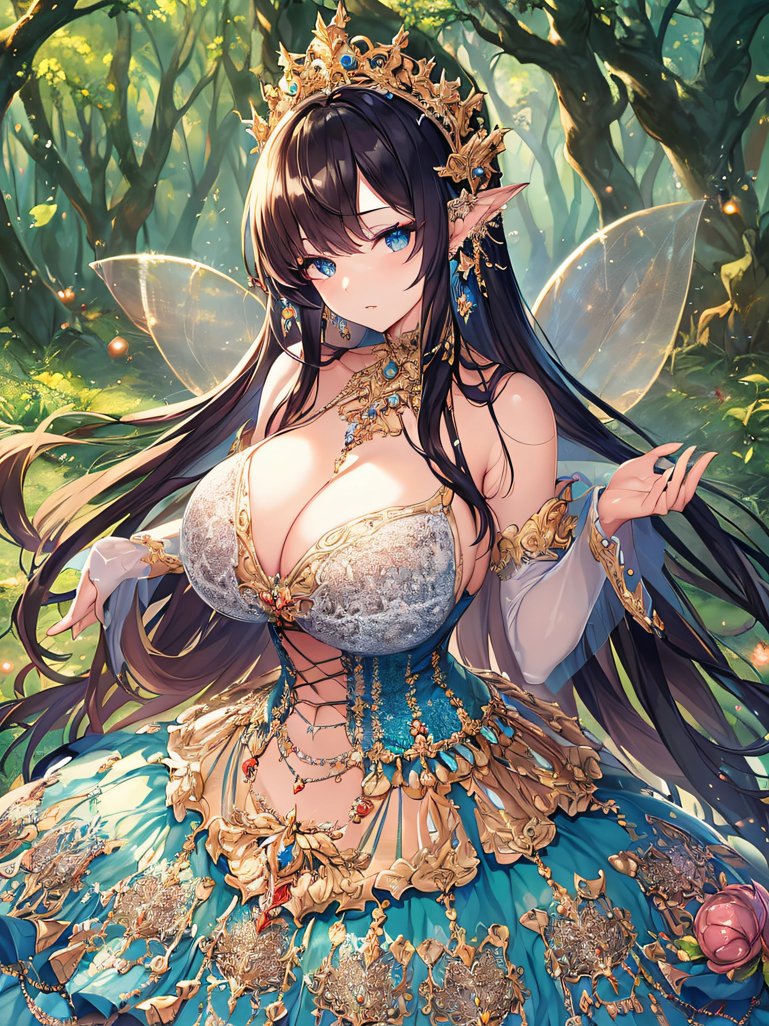 ((anime artstyle)),(Masterpiece),(Best Quality), (Super Detail),((Very Delicate and Beautiful)),Focus on character,Dynamic Angle,Looking at viewer,((Solo)),standing,((full body)),((one fairy tale princess in gorgeous ball gown with voluminous skirt)),detailed face and eyes,(fairy wings),jewel-like eyes,((Very Long voluminous Hair)),gorgeous embroidery and lace,See-through,ornate ruffles,(Gorgeous jewelry ornaments),luxury hair ornament,luxury tiara with jewels,(gigantic breasts,Long breasts),(outdoor,fairy tale forest),fairy tale atmosphere,full body,hoop skirt,crinoline,(((jeweled gorgeous ball gown with voluminous skirt))),
