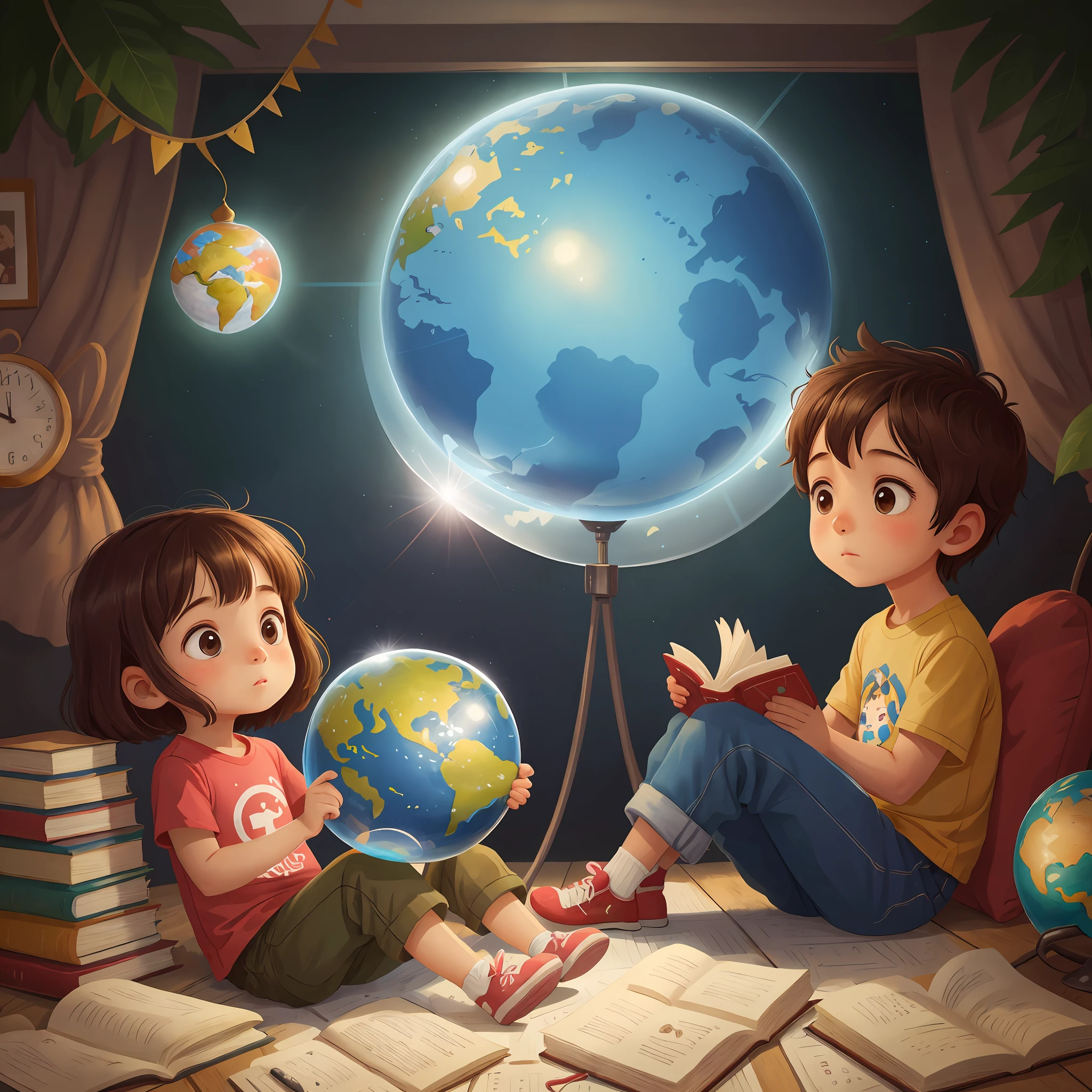 A and a little gire globe reading a book