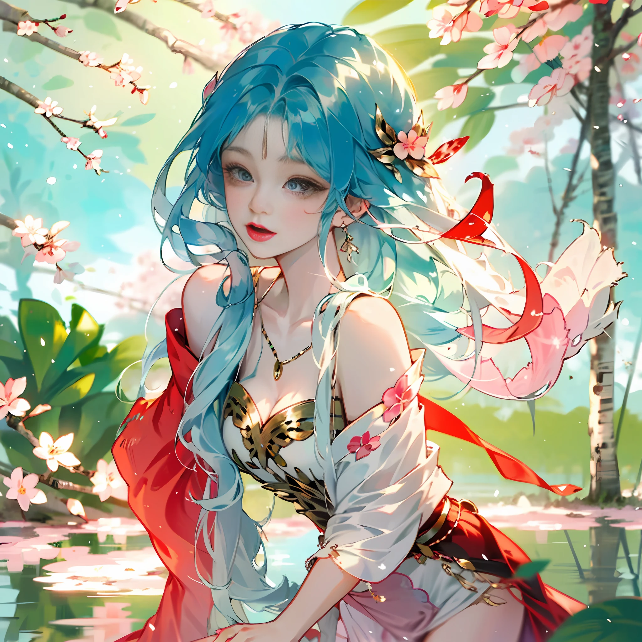 Has blue hair，Ancient wind,  Beautiful woman in period costume，Barefoot，Standing in a lake in the peach blossom forest，