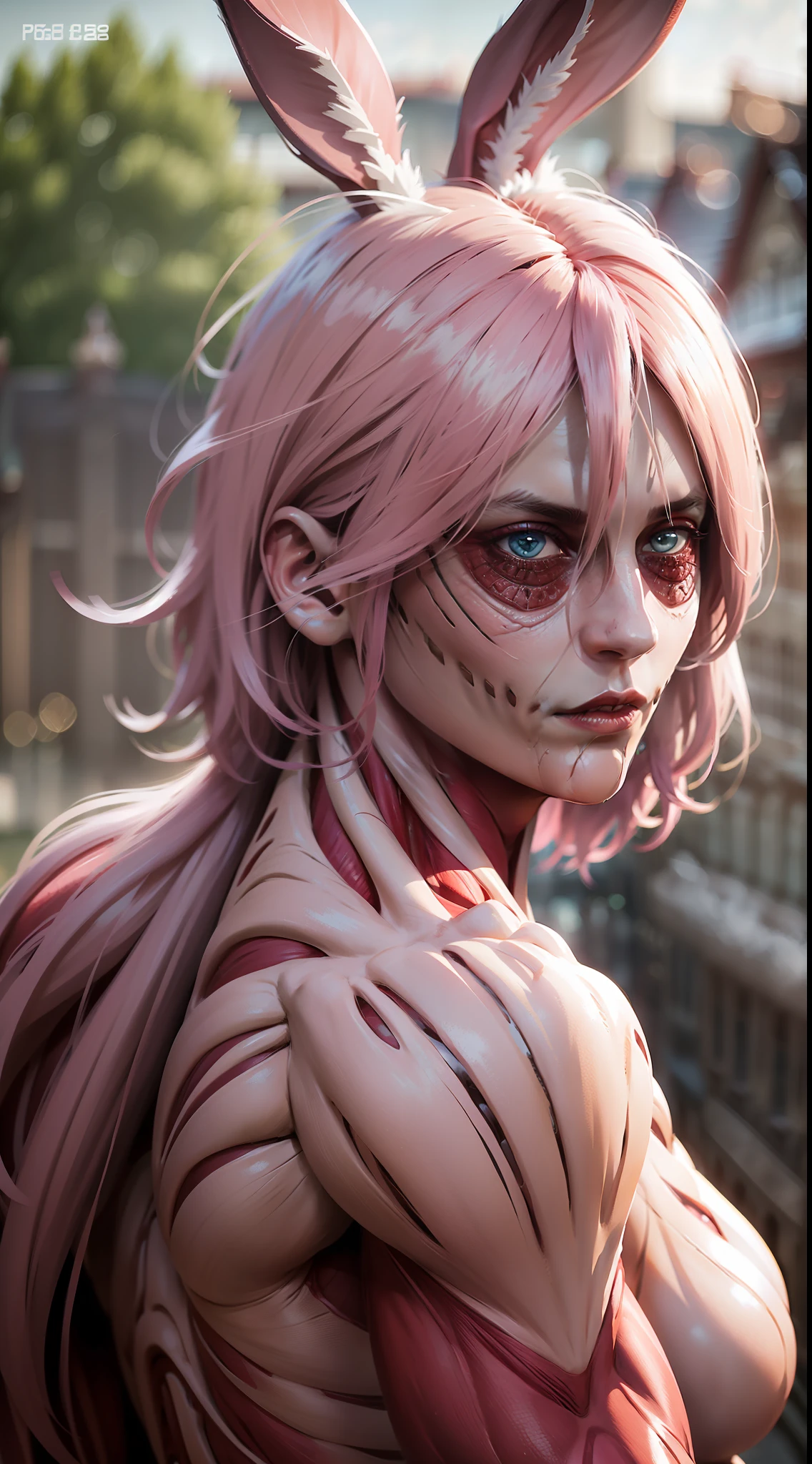 A pink-haired、Pink Rabbit Ears Attack on Titan Annie、postapocalypse、Female Titan、musculature、bokeh dof、UHD、side lights、A hyper-realistic、Ray traching