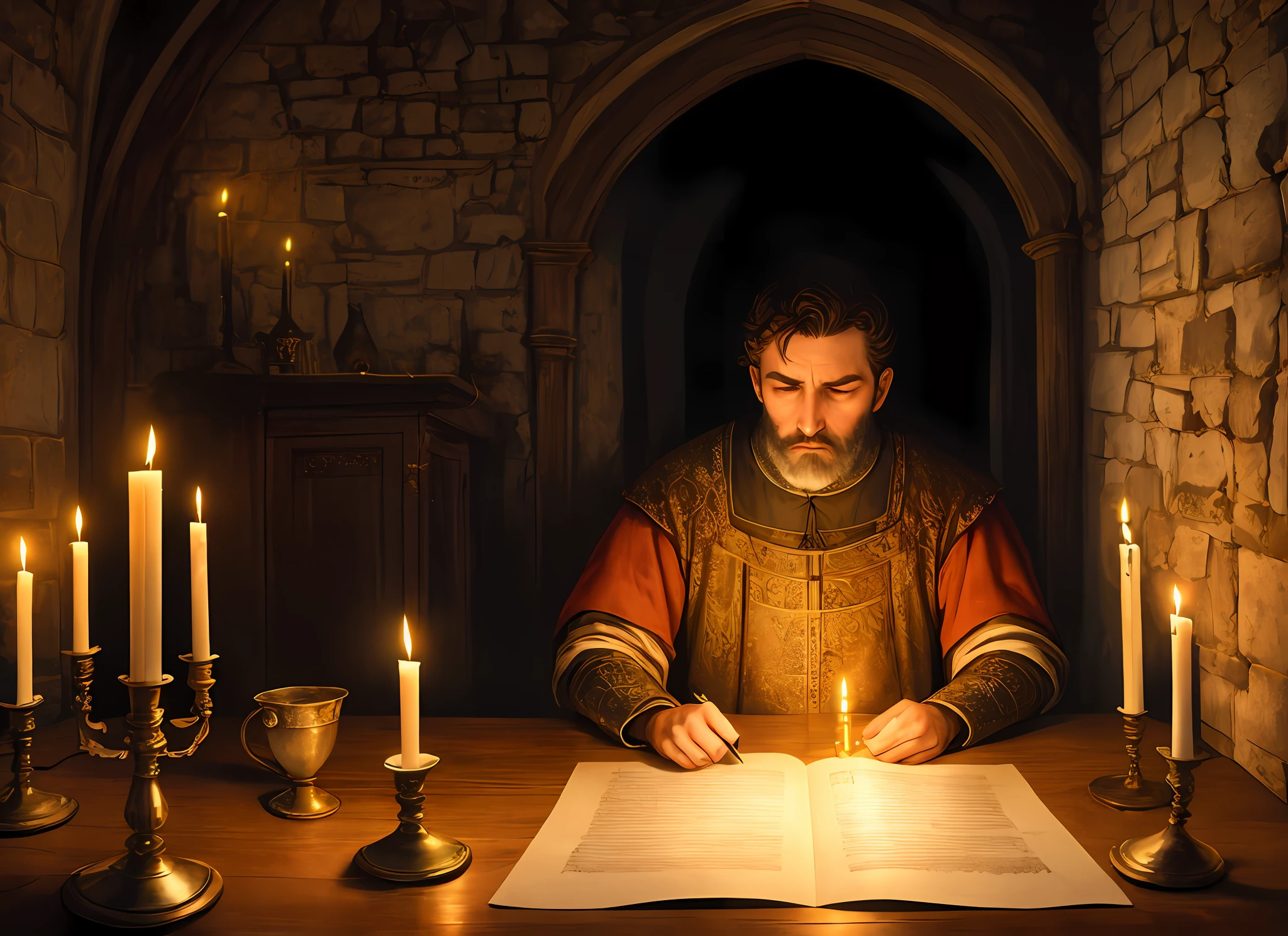 Homem com semblante triste e oprimido, head down, escrevendo uma carta, Interior da Casa medieval, estilo medieval. candlelit, fantasia sombria, maximum detailed, Surrealismo, alta qualidade, 8k, Super Detalhe