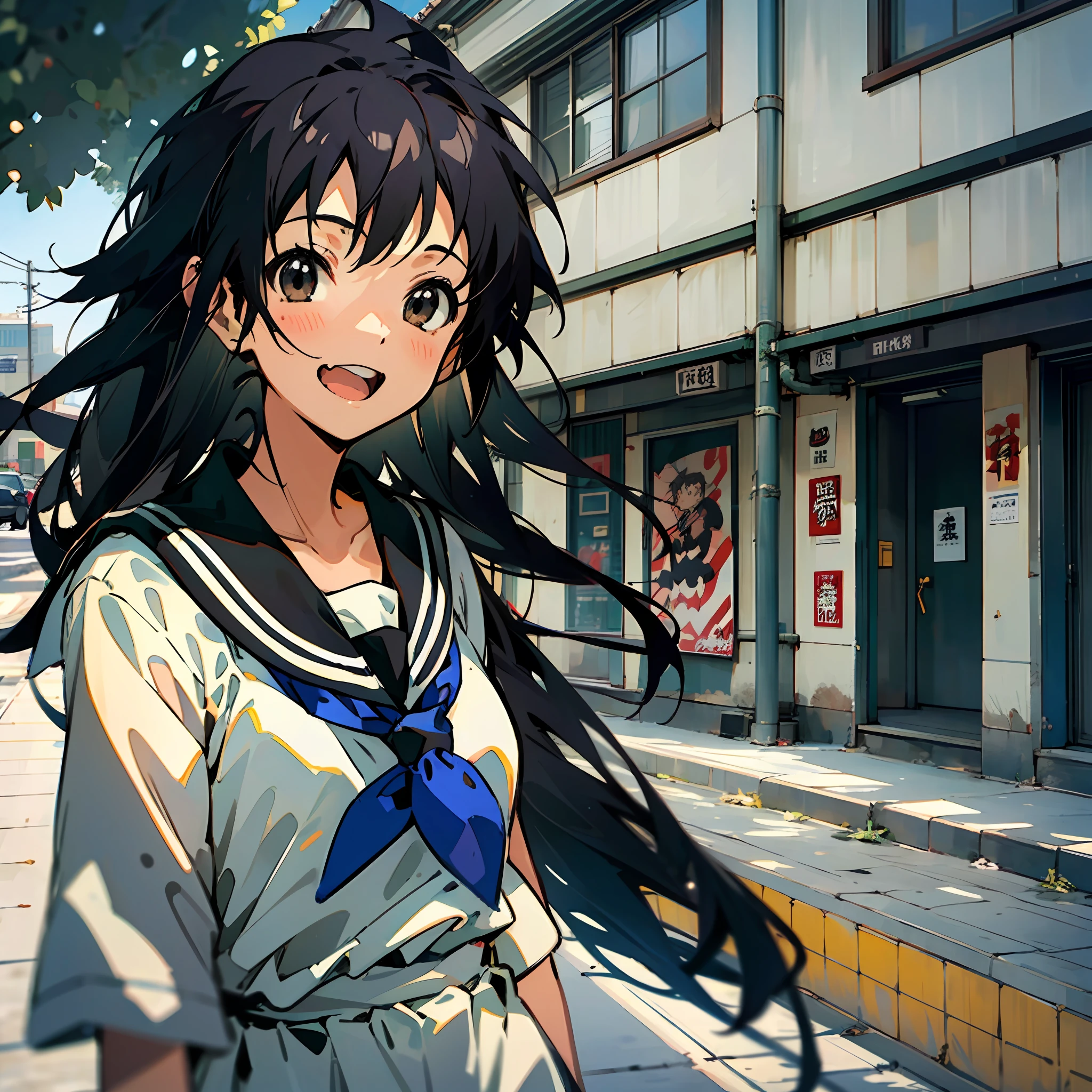 ultra HD picture quality，Long black hair flutters in the wind，Black eyes，Black and white sailor suit，The image of a cute and cheerful Japanese high school girl，It has the style of Makoto Shinkai，Kyoto anime manga style，Blend in with the small town feel in the pictures，Idyllic。Aesthetics heal the sunny atmosphere。