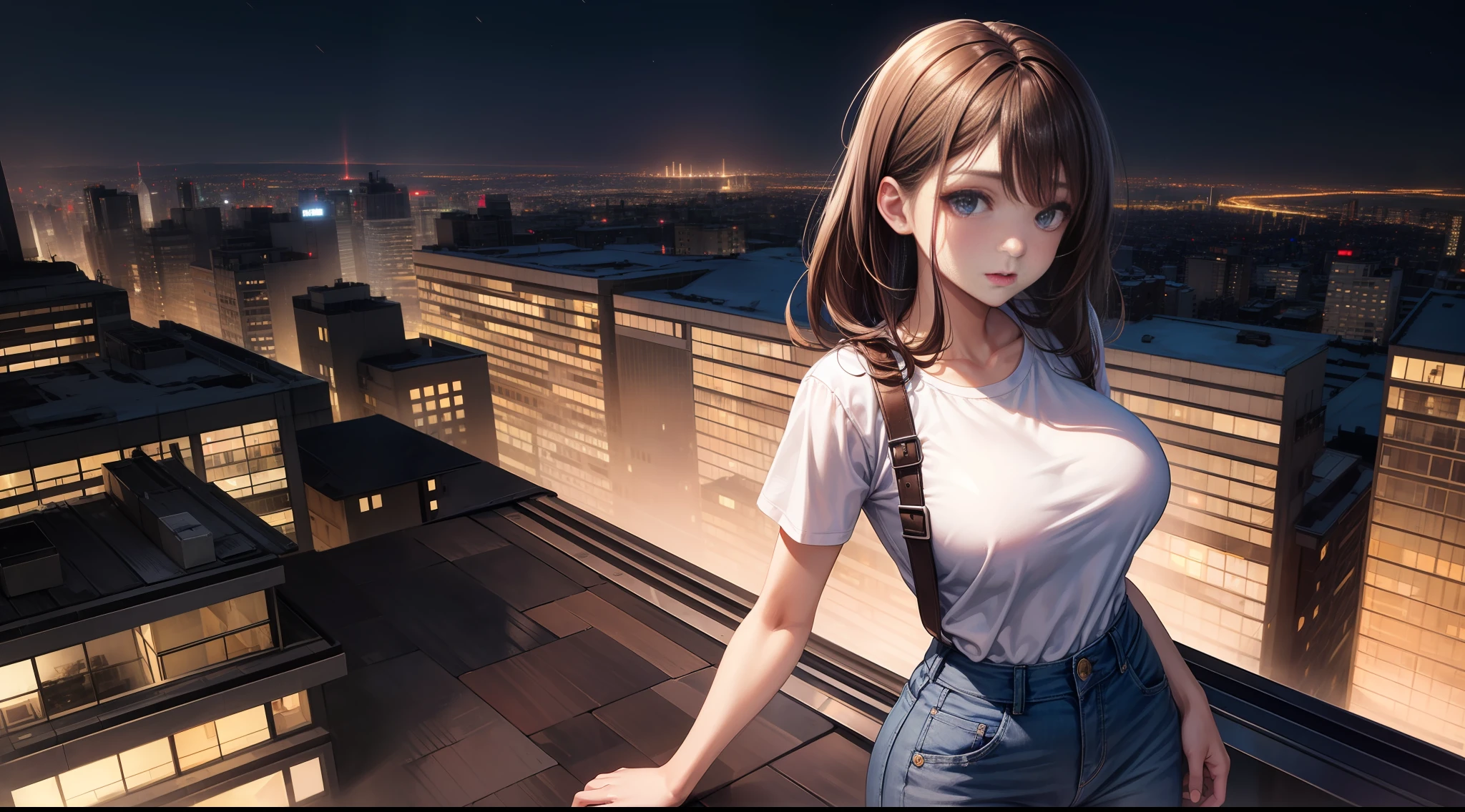 ((Midnight, Best quality, 8k, Masterpiece :1.3)), Whole body, Long legs, Sharp focus :1.2, A pretty woman with perfect figure :1.4, Slender abs :1.1, ((Dark brown hair, :1.2)), (White tight tshirt, Jean bib, Standing:1.2), ((Night city view, Rooftop:1.3)), Highly detailed face and skin texture, Detailed eyes, Double eyelid