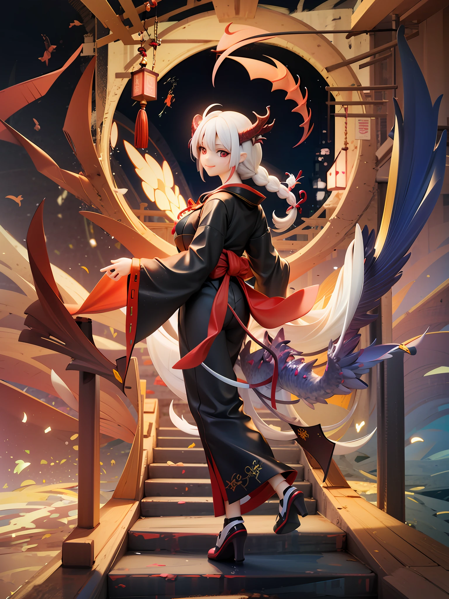 1girl, Festival Theme, Colorful, deep night colors, White-haired dragon girl character, Red Eyes, dragon horn, Wings, and tail, Smiling, Wearing a black kimono, Short braided haircuts, Red Eyes, Pose to enjoy the festival, Fireworks and festive scene background, angle from behind