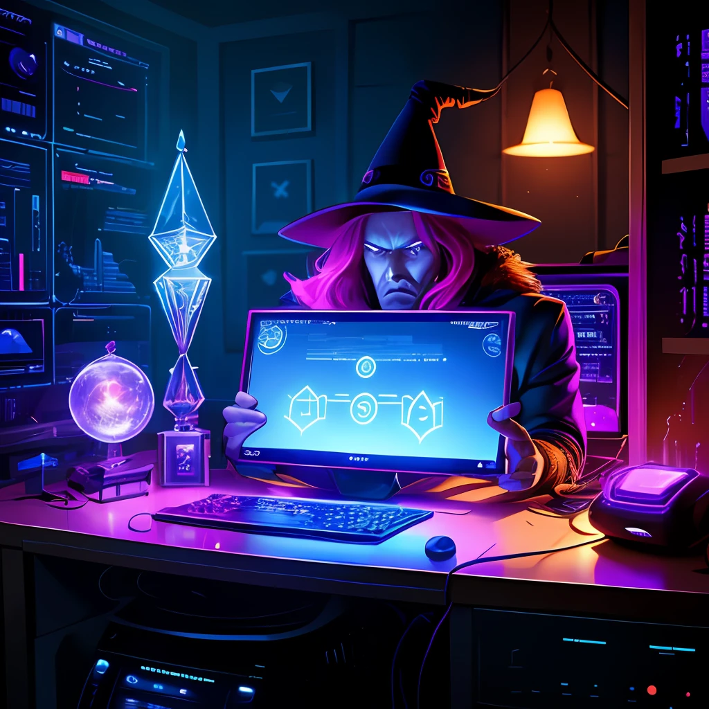 crie a imagem de um computador, with subtle details of magic code on his screen. He wears a pointy hat with a magical logo on top.., representing your programming expertise. Ao seu redor, You can see digital magic and the computer floating, Displaying algorithms and programming interfaces. This magical computer combines the magical world with the technological world, Mastering the secrets of code and casting spells with your unique abilities. --auto