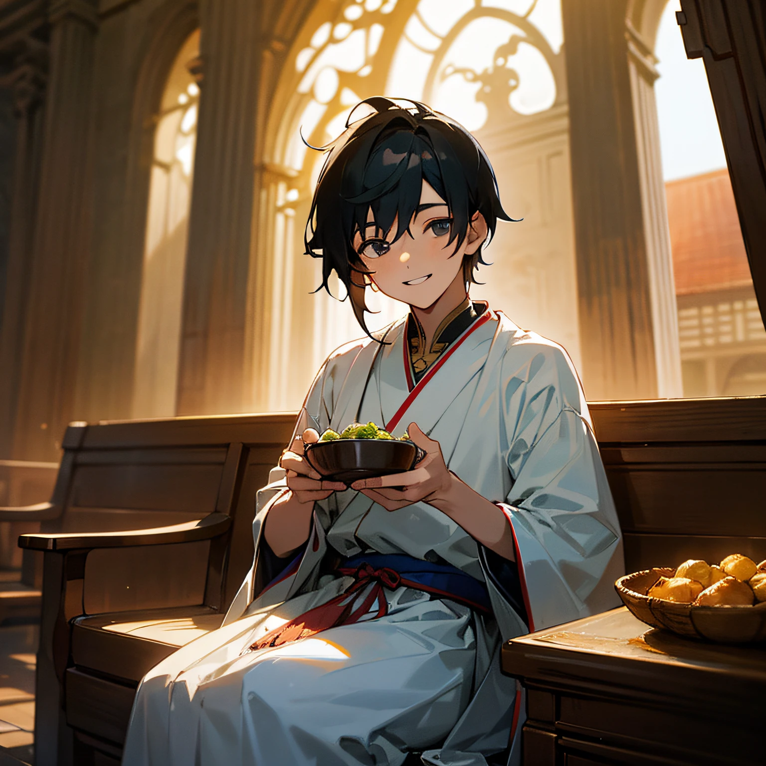 "Highest image quality、Masterpiece level、ultra-detailliert：1.3、A young man with black hair smiled in front of an antique building，Dressed in traditional artisan attire" --auto