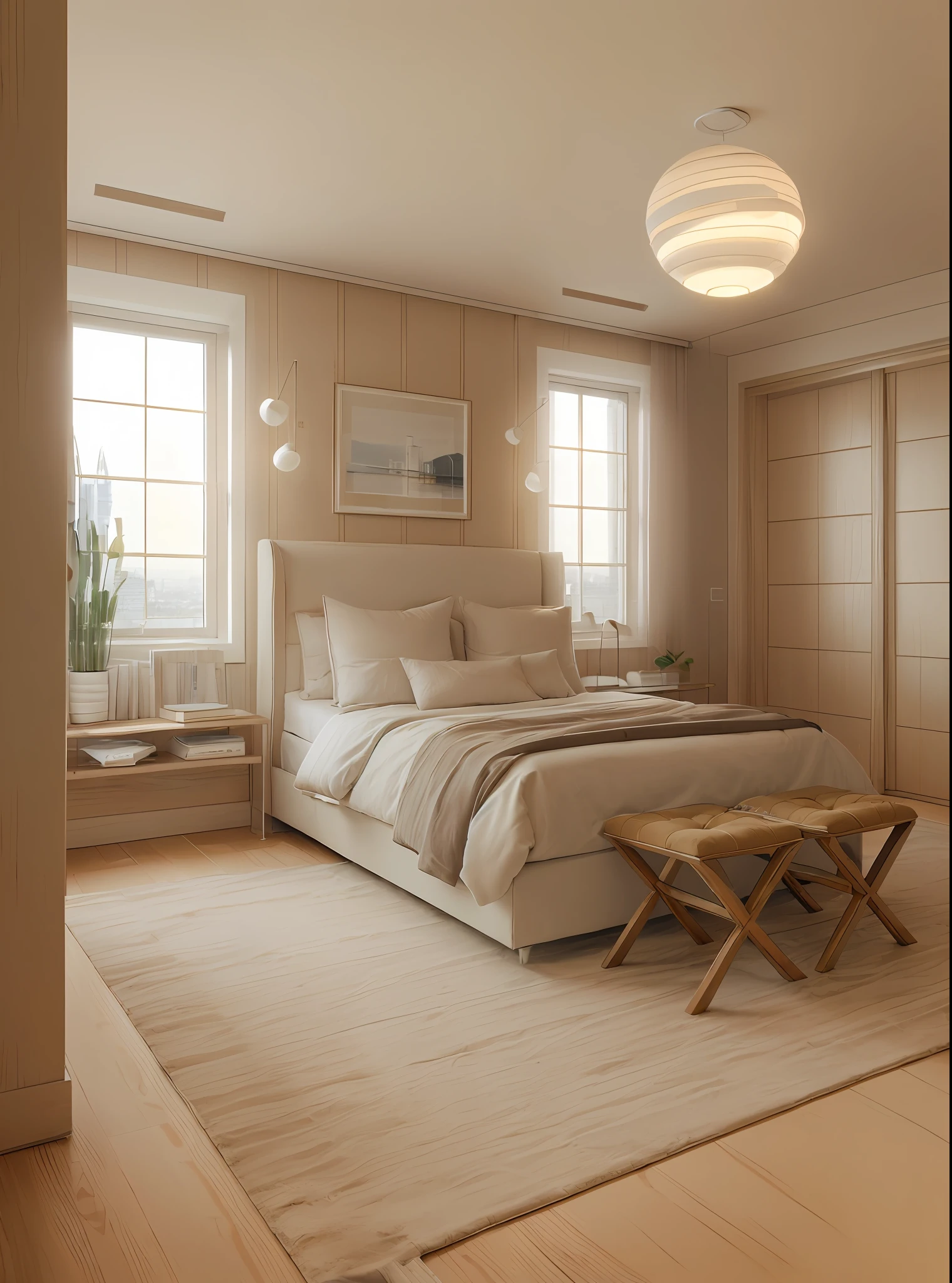 masterpiece, ultra realistic, photography, raw photo, minimalism bedroom, minimalism apartment interior, futuristic, glass door, velvet armchair, white curtain, white carpet, side table, floor lamp, television, wooden floor, soft light, natural light, city view