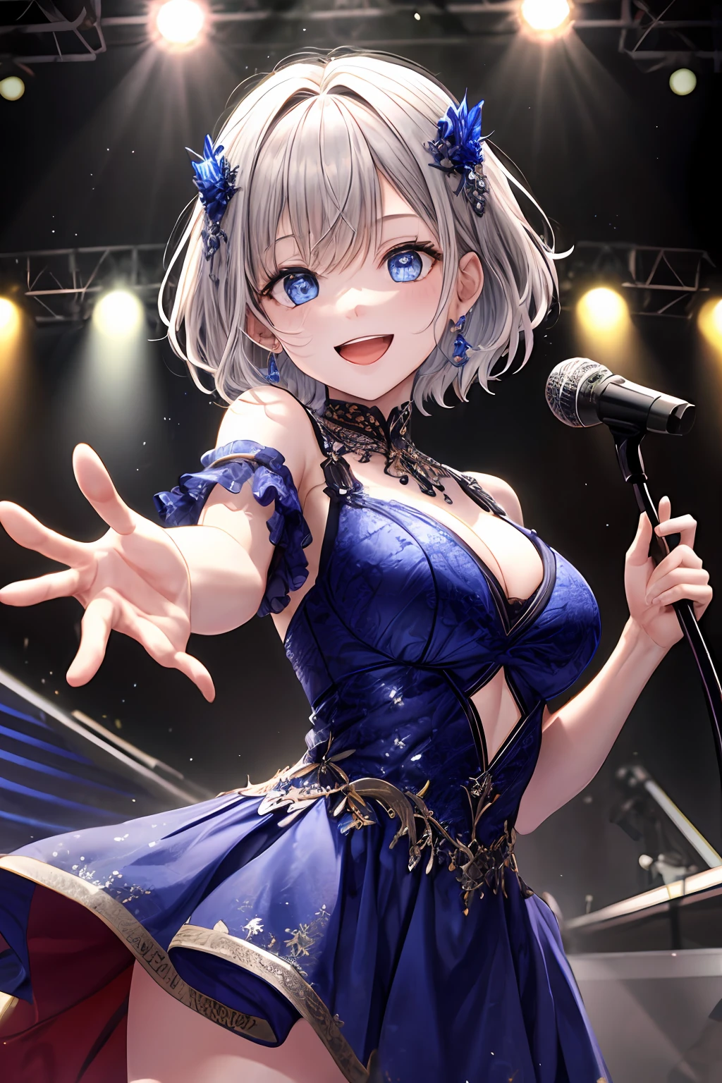 masterpiece, best quality, highres, 1girl, grey hair, short hair, blue eyes, medium breasts, dress, hair ornament, smile, open mouth, holding microphone, reaching out, stage,