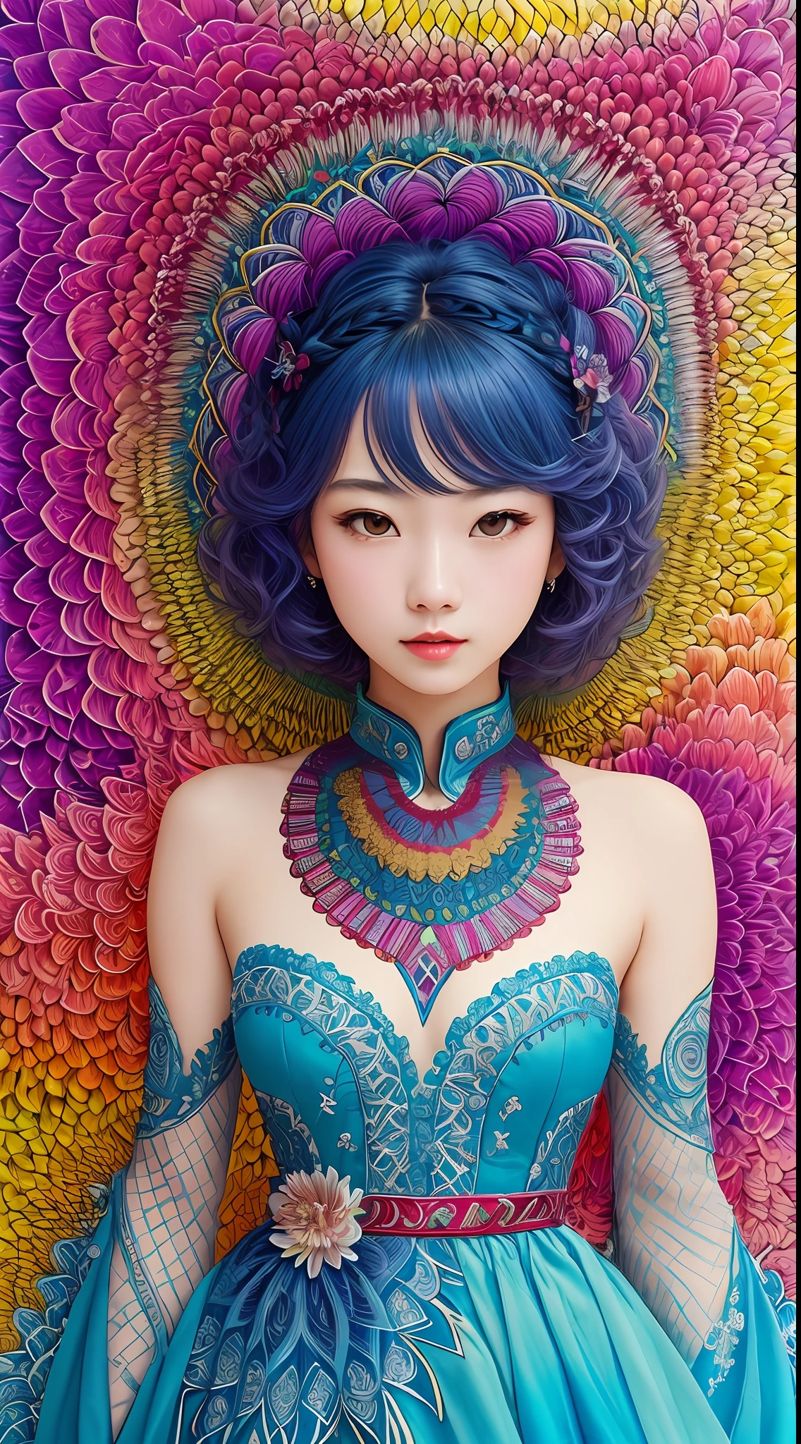(masterpiece、top-quality、top-quality、Official art、Beautifully Aesthetic:1.2)、(1girl in:1.3)、ighly detailed、(Fractal Art:1.2)、colourfull、highestdetailed、(Zentangle:1.2)、(Dynamic Pause) 、(Abstract background:1.5)、(Traditional dress:1.2)、(shinny skin)、(Many colors:1.4)、full bodyesbian 、shorth hair