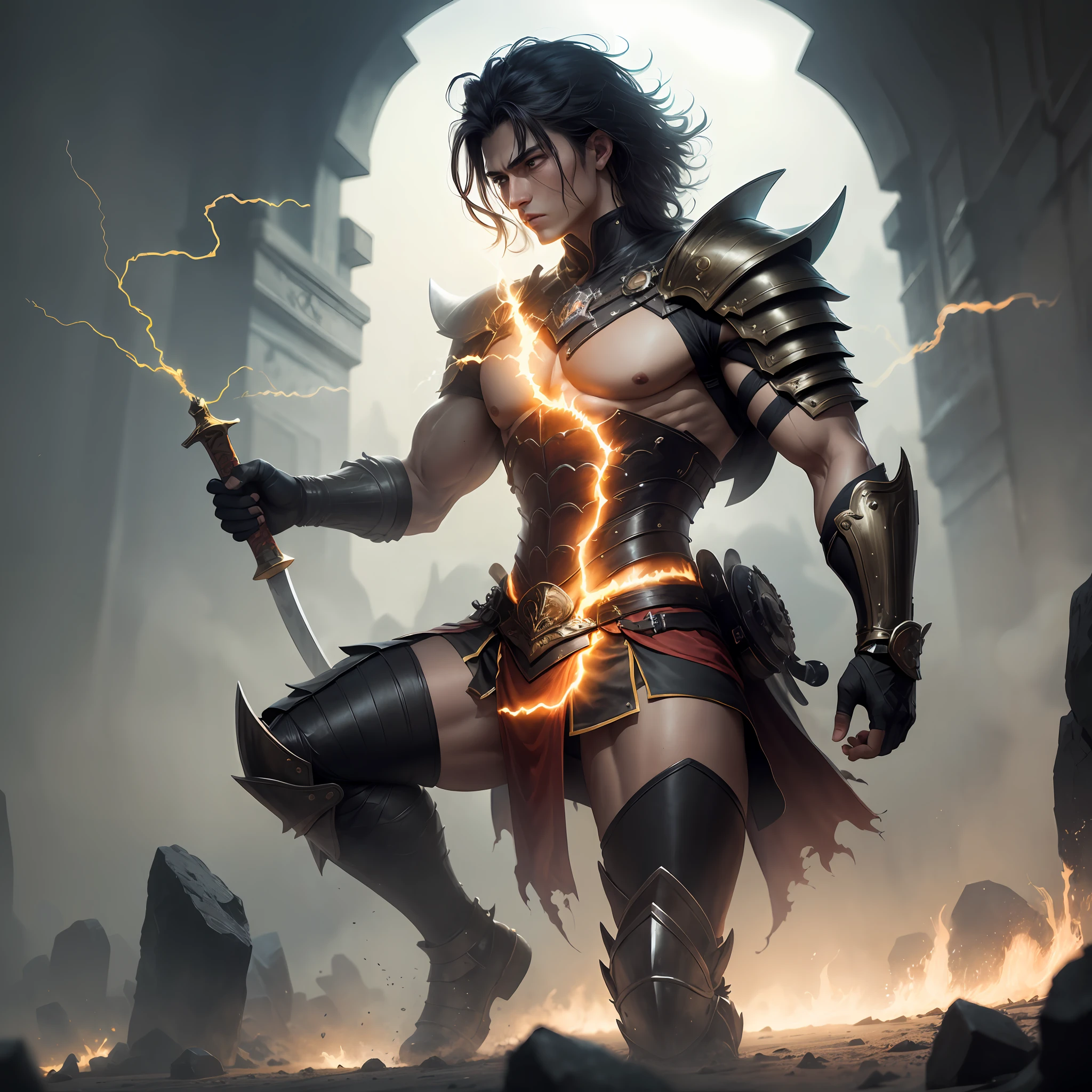 The photo shows the silhouette of a warrior standing in the middle of the fog. The photograph shows the silhouette of a warrior standing in the middle of the fog. The warrior is tall and erect, with broad shoulders. His battle armor is glossy black, transformed into fine, blurry black scales stuck to his body, accentuating his slender and muscular figure. Between the scales, gold glistens, running the length of his body like shiny tendons.
Scaly sabatons clad his boots, and overlapping blades were bound together by a golden mesh, barely visible when he moved. Clawed armbands could be seen on his hands and forearms.
The warrior has long, wavy pale wheat hair that falls to his shoulders. The hair flutters slightly in the mist, creating an extra air of mystery.
An amber-orange aura surrounds the warrior, giving him a mystical glow. Small purple lightning bolts emanate from his body, creating an effect of energetic tension and emphasizing his strength and power. The warrior stands back so that his face cannot be seen. In his right hand he holds a katana, its blade glistening against the fog. The warrior looks no more than 17-18 years old --auto