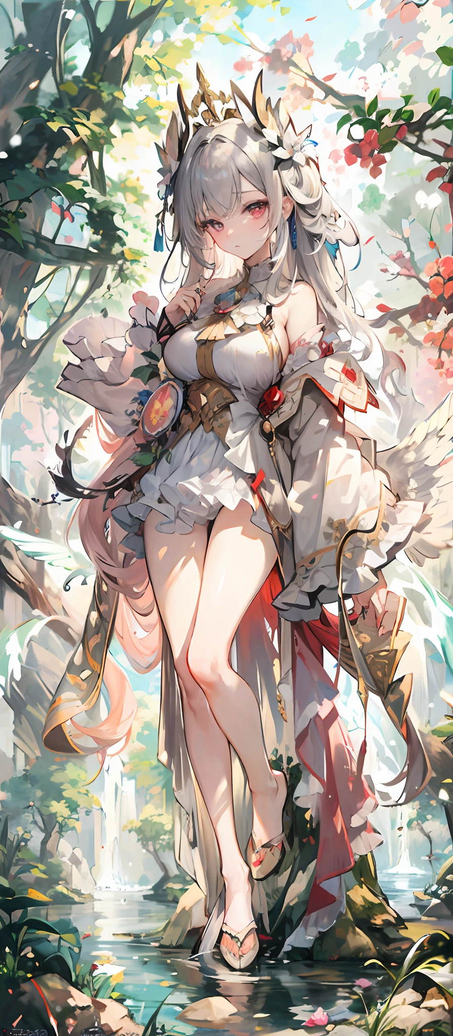 tmasterpiece,best qualtiy,offcial art,8k wallpaper,The is very detailed,illustratio,1个Giant Breast Girl,White color hair,long whitr hair,Delicate pink eyes,exposed bare shoulders,Bare legged,Long legs,Huge lake,Pure,shyexpression,angelicales,wings,The halo,flatchest