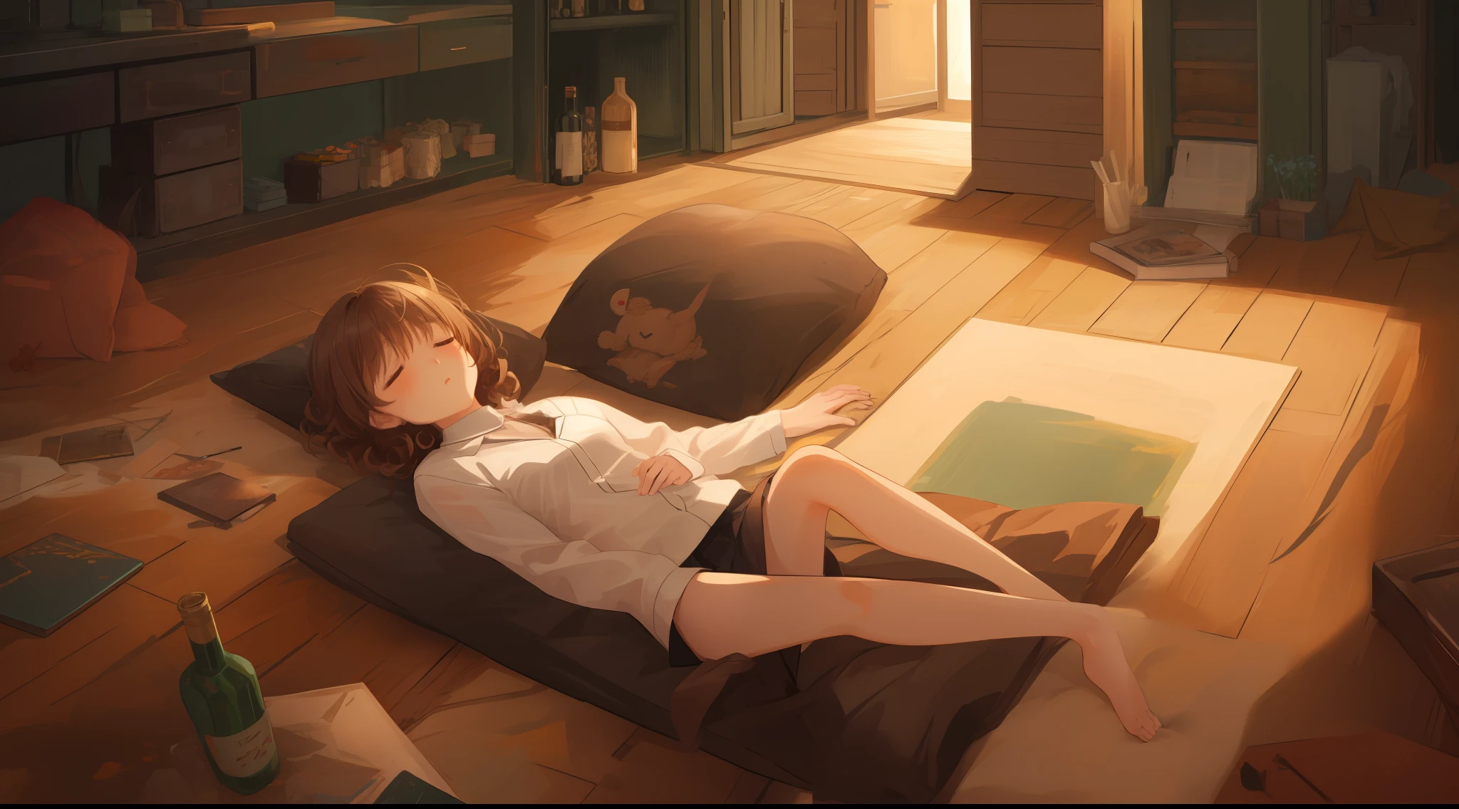 oung girl, Short hair, Curly hair, Sleeping, Deep sleep, Brown hair, Spread out hair, Blackboard, Birth of Tragedy, Ancient Greek Studies, Red wine bottle, Spilled wine, Sculpture, Dreaming, Cartoonish style, Q-version style, Character illustration, Visual novel game