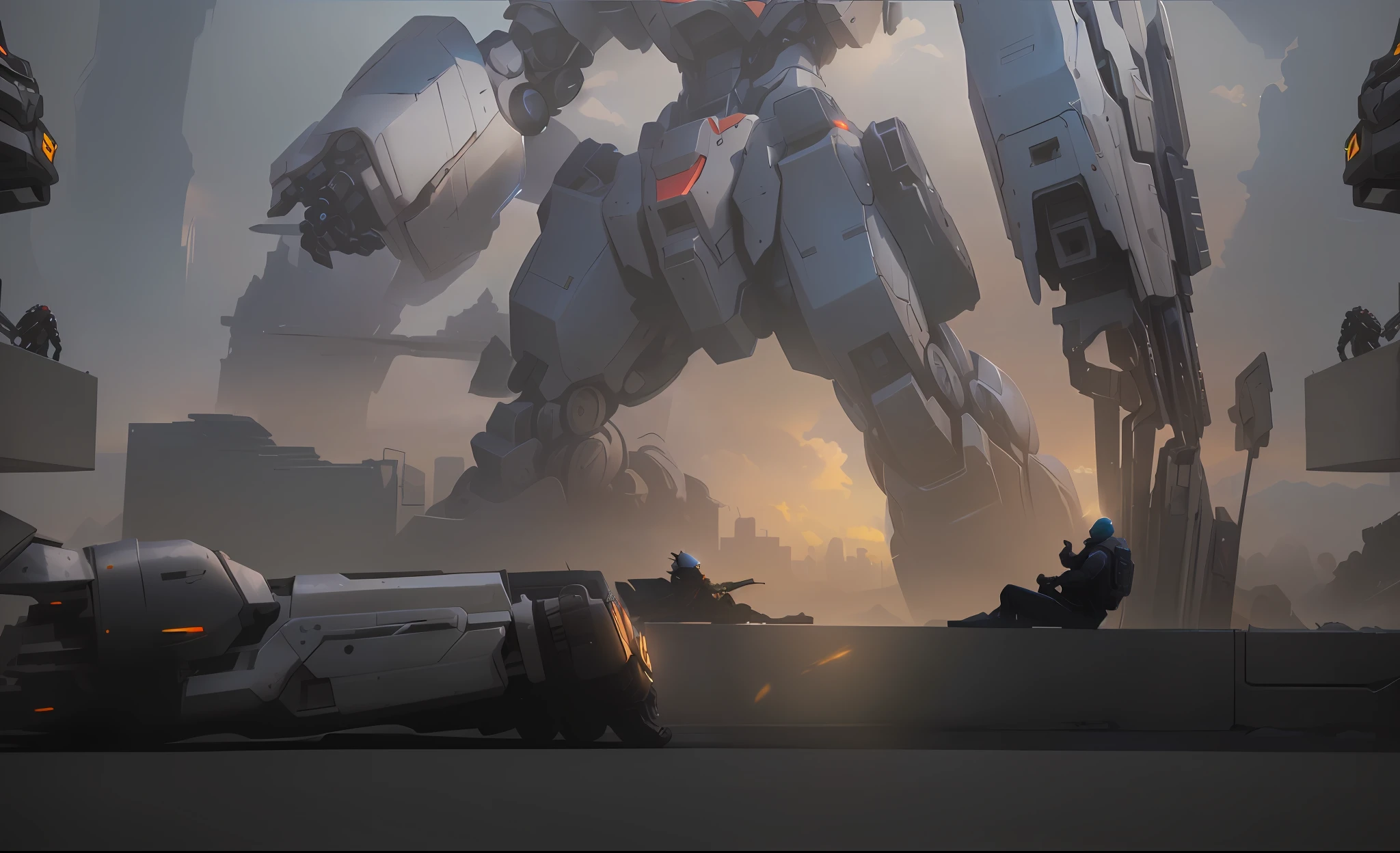 anime style scene of a man sitting on a ledge in front of a giant robot, krenz cushart and artem demura, krenz cushart and asher duran, greg rutkowski and krenz cushart, discarded mech in background, octane render. by makoto shinkai, inspired by Krenz Cushart