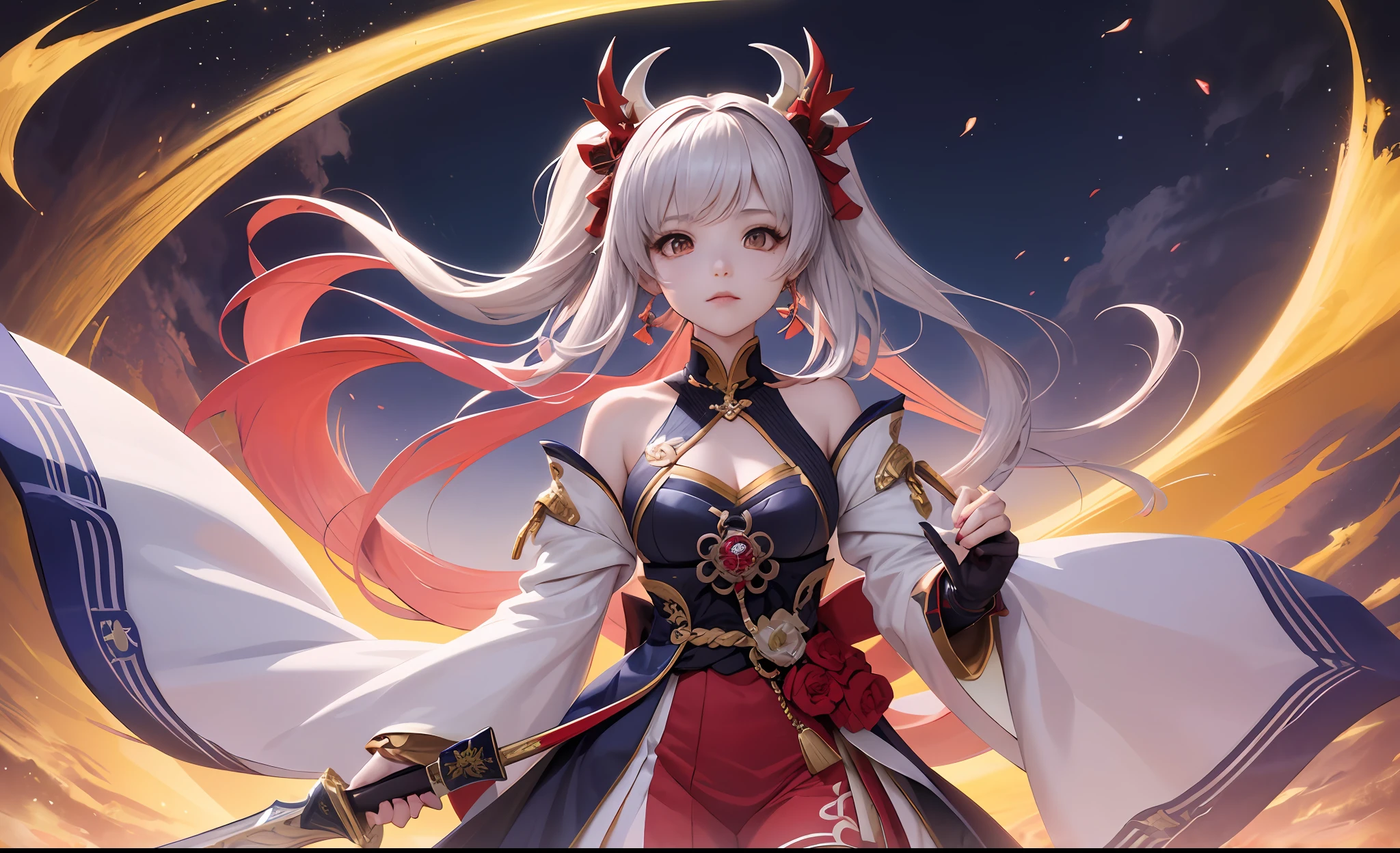 Anime girl sitting on the ground,Holding a sword in hand, Keqing from Genshin Impact, Anime goddess, Best anime 4k konachan wallpaper, nightcore, Onmyoji detailed art, Ayaka Genshin impact, lunar themed attire, onmyoji, Splash art anime Loli, cute anime waifu in a nice dress, lunar goddess --auto