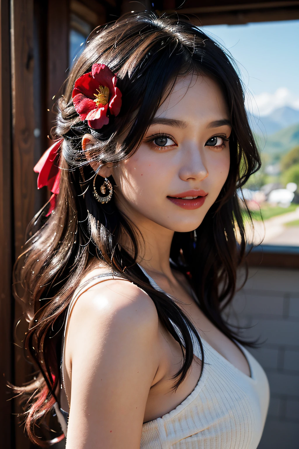 (in 8K、 Raw photography、top-quality,、hight resolution),、(hyper realisitic)、(realisitic),、Soft light、、girl with、Lifelike face、Realistic body、real looking skin、absurderes、​masterpiece、Cuties、独奏、Innocent eyes、blusher、Cinema Lights、cherry colored lips、The hair 、a closeup、looking at viewert、 Open lips,、Upper teeth,、(Smiling eyes:0.6)、eyes focus、professionally lit、CG Social Trends、Plastic En、((Black Long Hair))、((Beautuful Women))、(A smile)、Fashionable、(A sexy)、Hair that flutters in the wind、((Flowing hair))、Happy -、fashion magazine、((lighting like a movie))、(the woods)、((mountain hut))、the morning sun、((Red Flower Hair Ornament))
