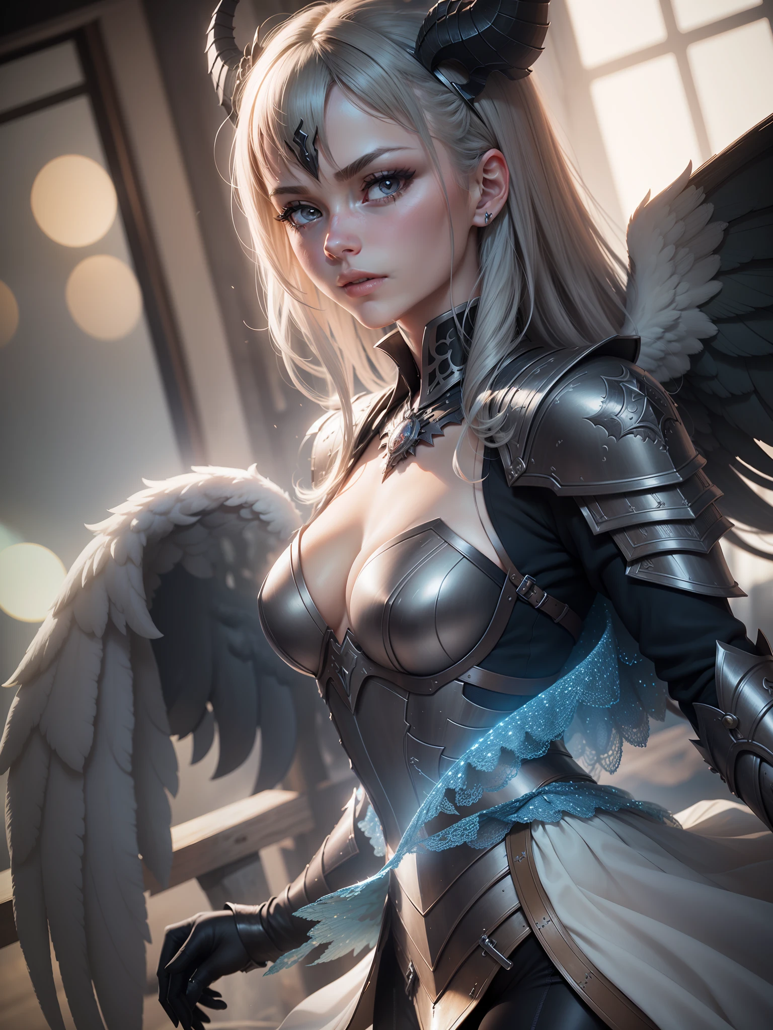(DemonenAngel), Highly detailed, gorgeous face, atemberaubend, heavy armor, [(8k resolution+CG:1.2)], [(Schatten:1.1+Beleuchtung:1.2)], [(volumetrisches Licht:1.2+bokeh:1.1)], [(Schwerter+wings)]