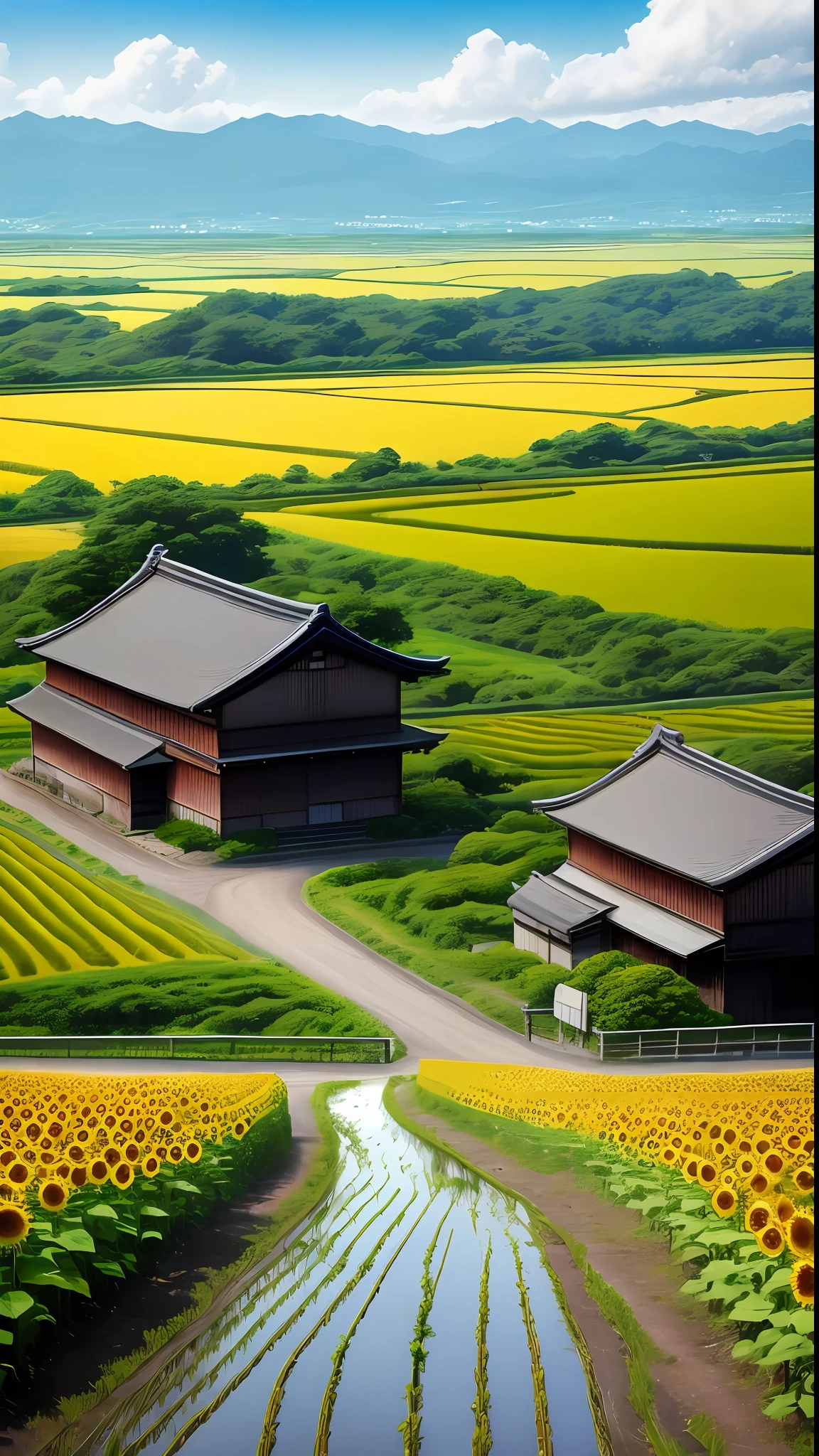 with a realistic、Be authentic、beautifly、amazing landscape Old farming villages in Japan、rice fields、a few sunflowers、The blue sky and white clouds --v6