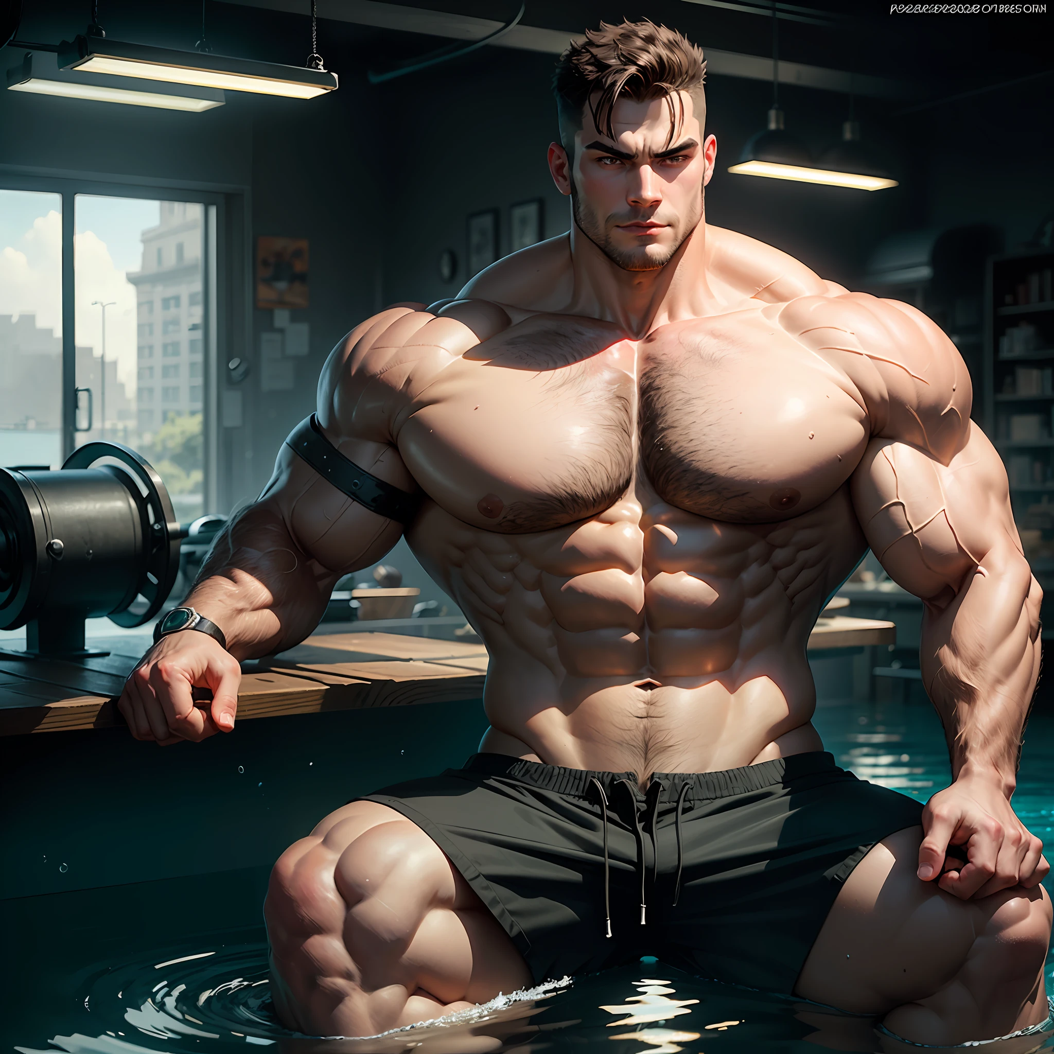 There was a man sitting in the water，Super fat and cool，muscular character，large biceps，large muscle，musculous!,Gigamuscle，muscular features，musculous!!,large muscle，musculous！cyber punk perssonage， male art， huge muscle， Muscular male hero， Beef Cake Pose， beef， commission for high resolution， musculous！Close-up Shot Shot， portrait --auto