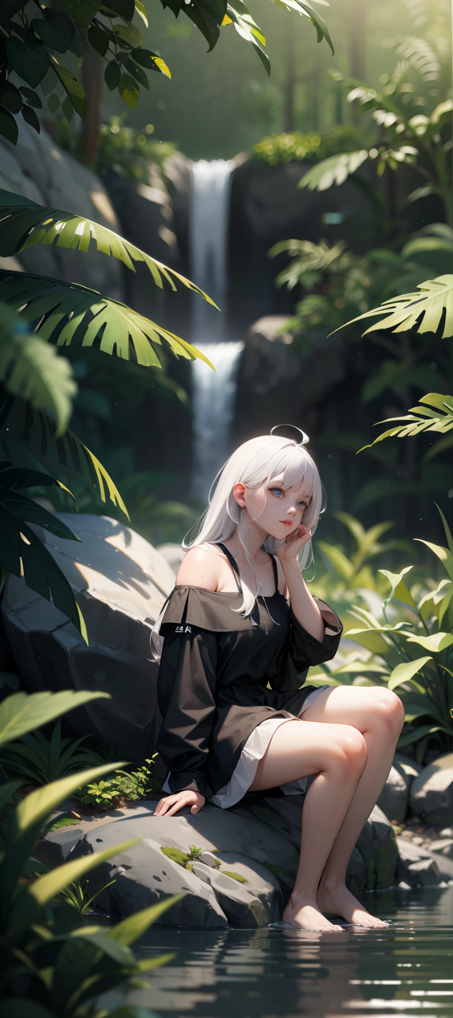 (masterpiece:1.3), (8k, photorealistic, RAW photo, best quality: 1.4), clear face,
Detailed face, Extremely Detailed, Ambient Soft Lighting, 4K,Blurry, Blurry Background, Depth of Field, Bokeh, DOF, Fog, Bloom, (landscapes)
Outdoors, (Nature, tropical forest:1.2), (Rocks:1.2), Mountais, Plants, (waterfall), ((a white hair girl sitting on a rock snout))