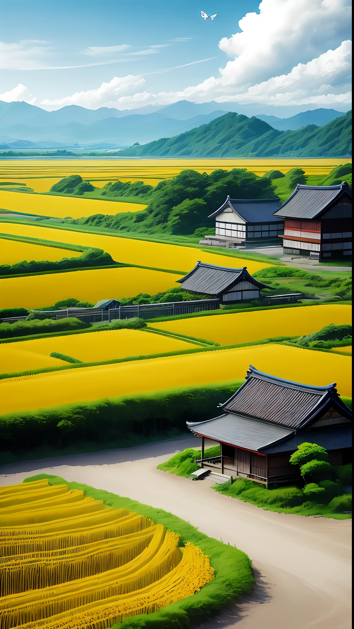 with a realistic、Be authentic、beautifly、amazing landscape　Old farming villages in Japan、rice fields、a few sunflowers、The blue sky and white clouds --v6