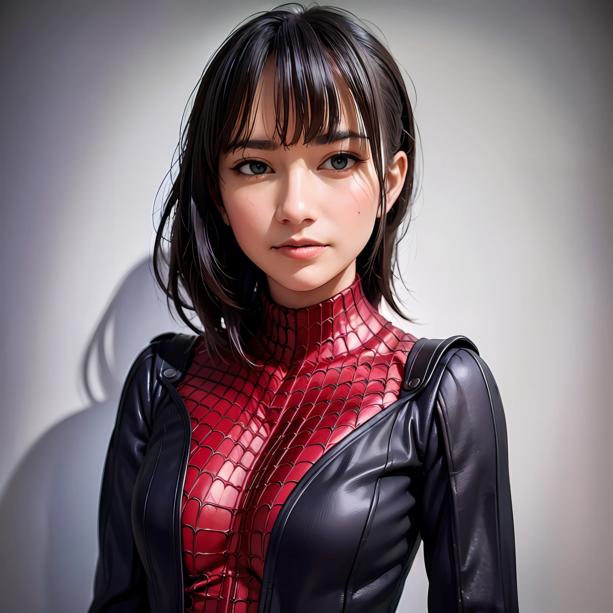 cowboy shot, masterpiece, beautiful, (1girl, freya jkt48, lips, black eyes, closed mouth, photorealistic), edelgard emperor, looking at viewer, best quality,game cg,1girl, masterpiece, best quality, 8k, detailed skin texture, detailed cloth texture, beautiful detailed face, intricate details, ultra detailed, audrey hepburn, Spider-Man uniform, straight red hair, (Half body:1.2)